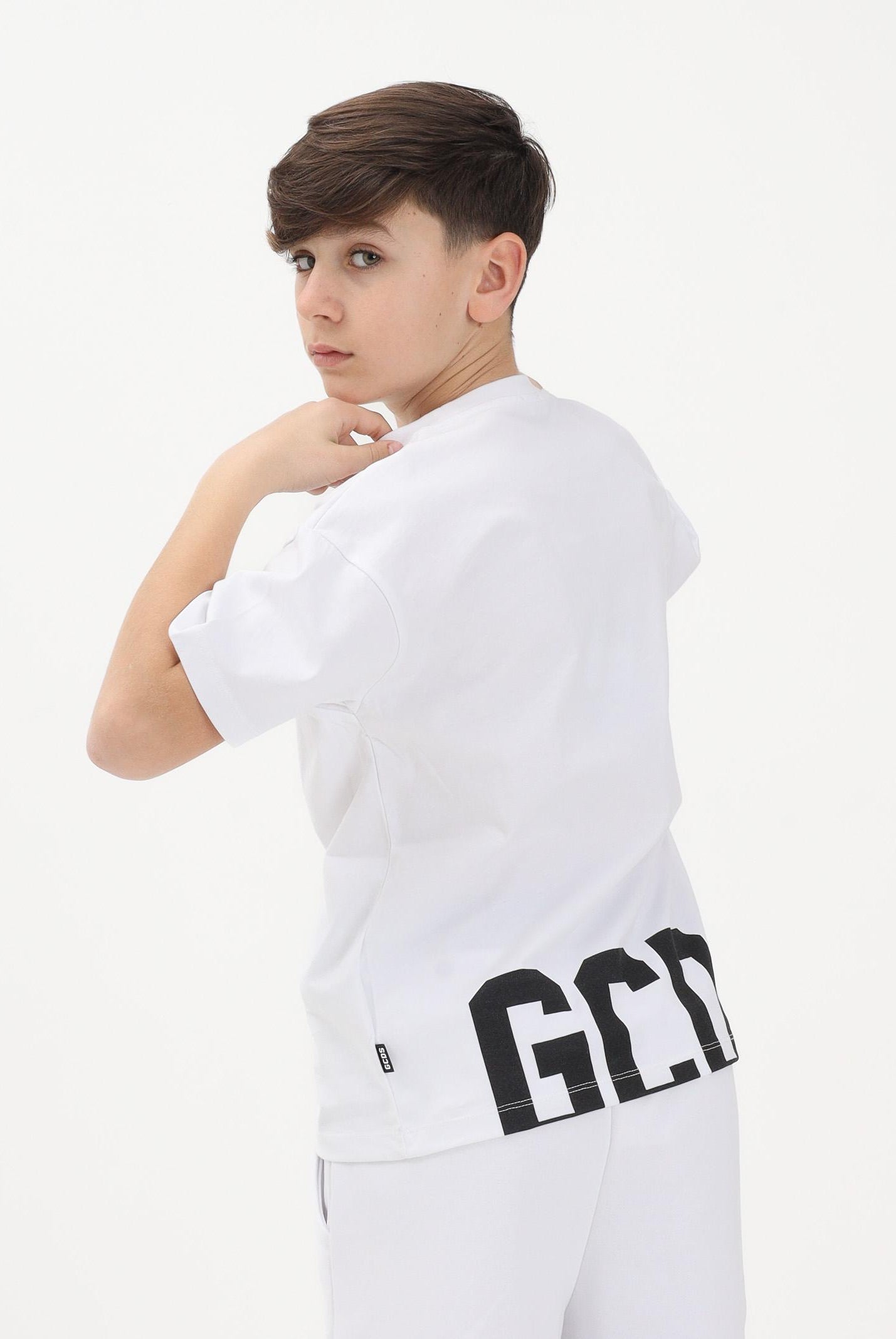 GCDS T-shirt a manica corta bianca per donna, ragazzi e bambini con maxi stampa sul retro Z0UJQC587J105 100B GCDS