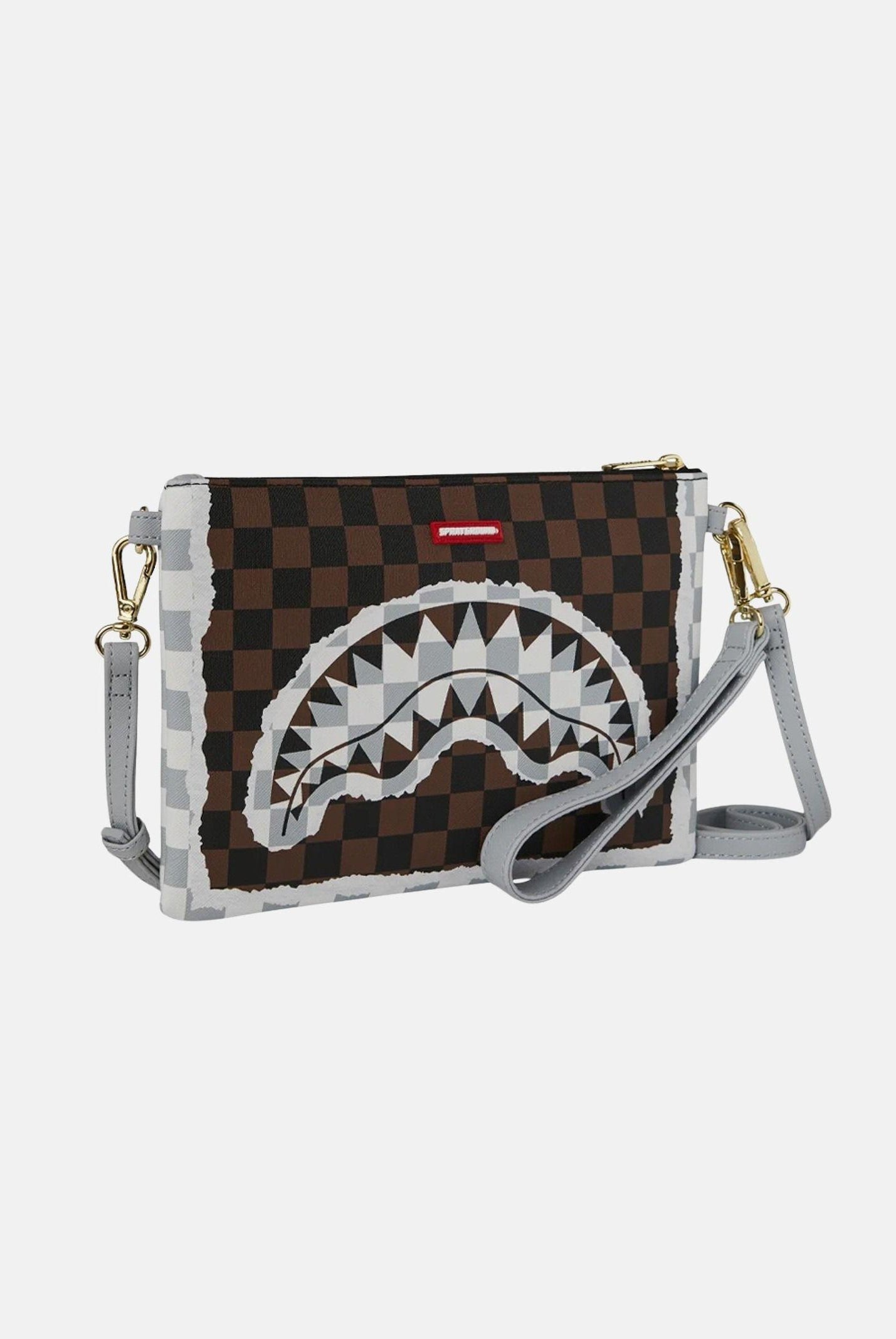 SPRAYGROUND Pochette CREAM AND BROWN TEAR CHECK CROSSOVER CLUTCH marrone e grigia per uomo e donna 910B8295NSZ . SPRAYGROUND