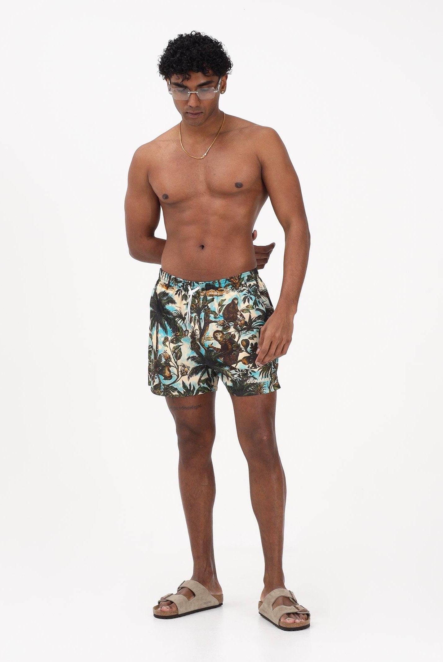 DSQUARED2 Shorts mare verde militare da uomo con stampa tropicale D7B626790 357 DSQUARED2