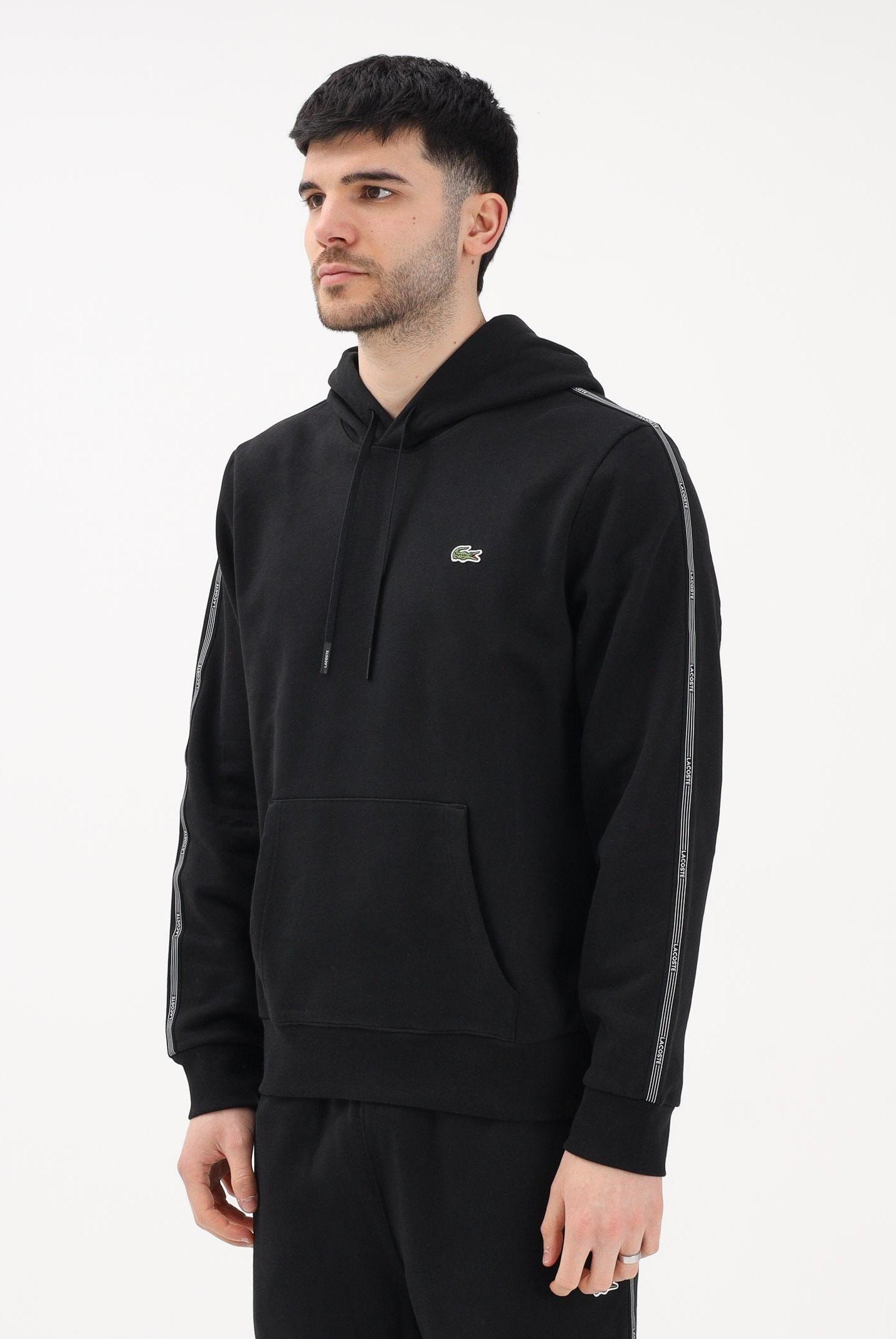 LACOSTE Felpa con cappuccio nera da uomo con bordi logati SH0884 031 LACOSTE