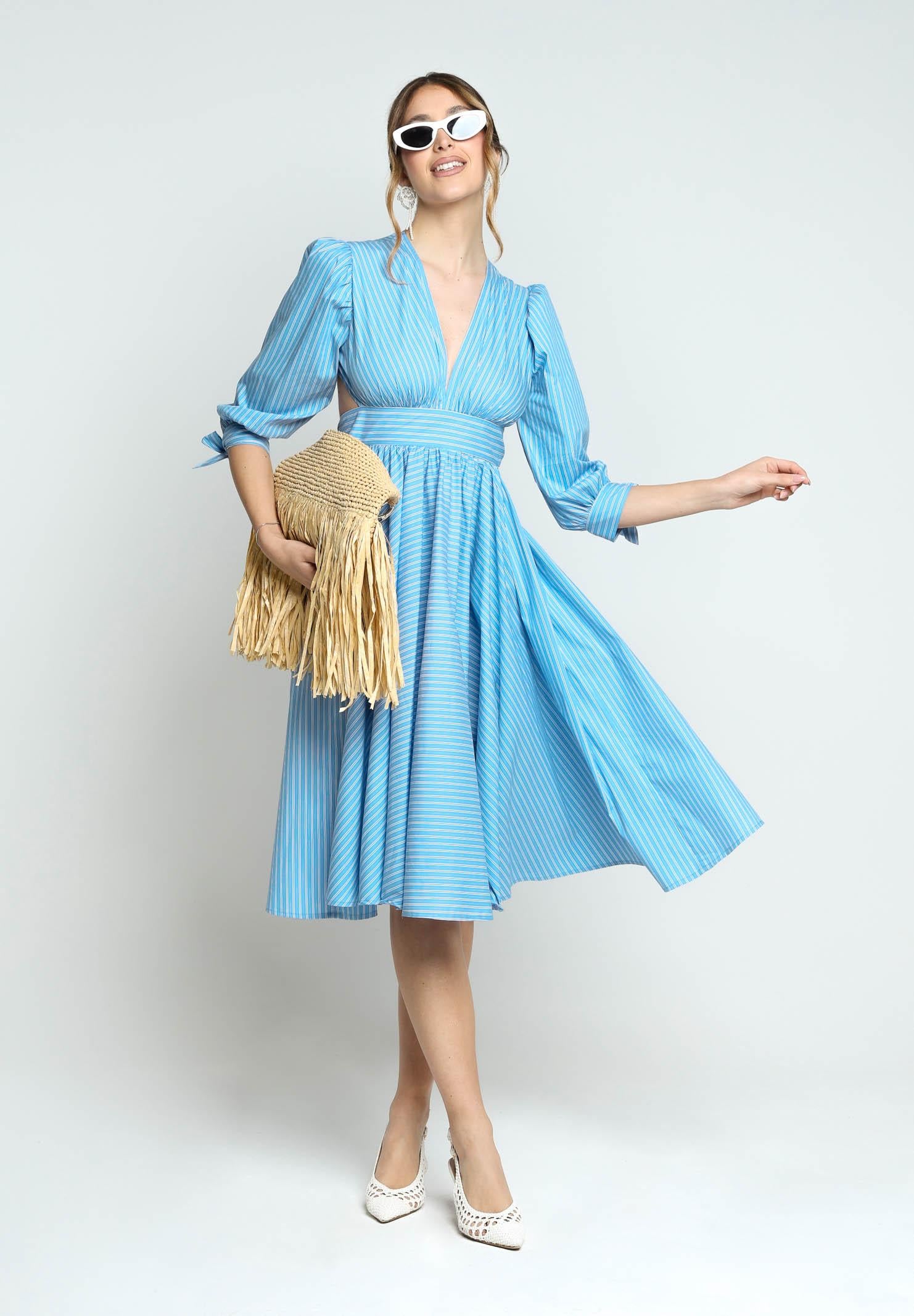 SANTAS Abito midi TIRAMISU' celeste da donna con stampa a righe PV25023 CELESTE SANTAS