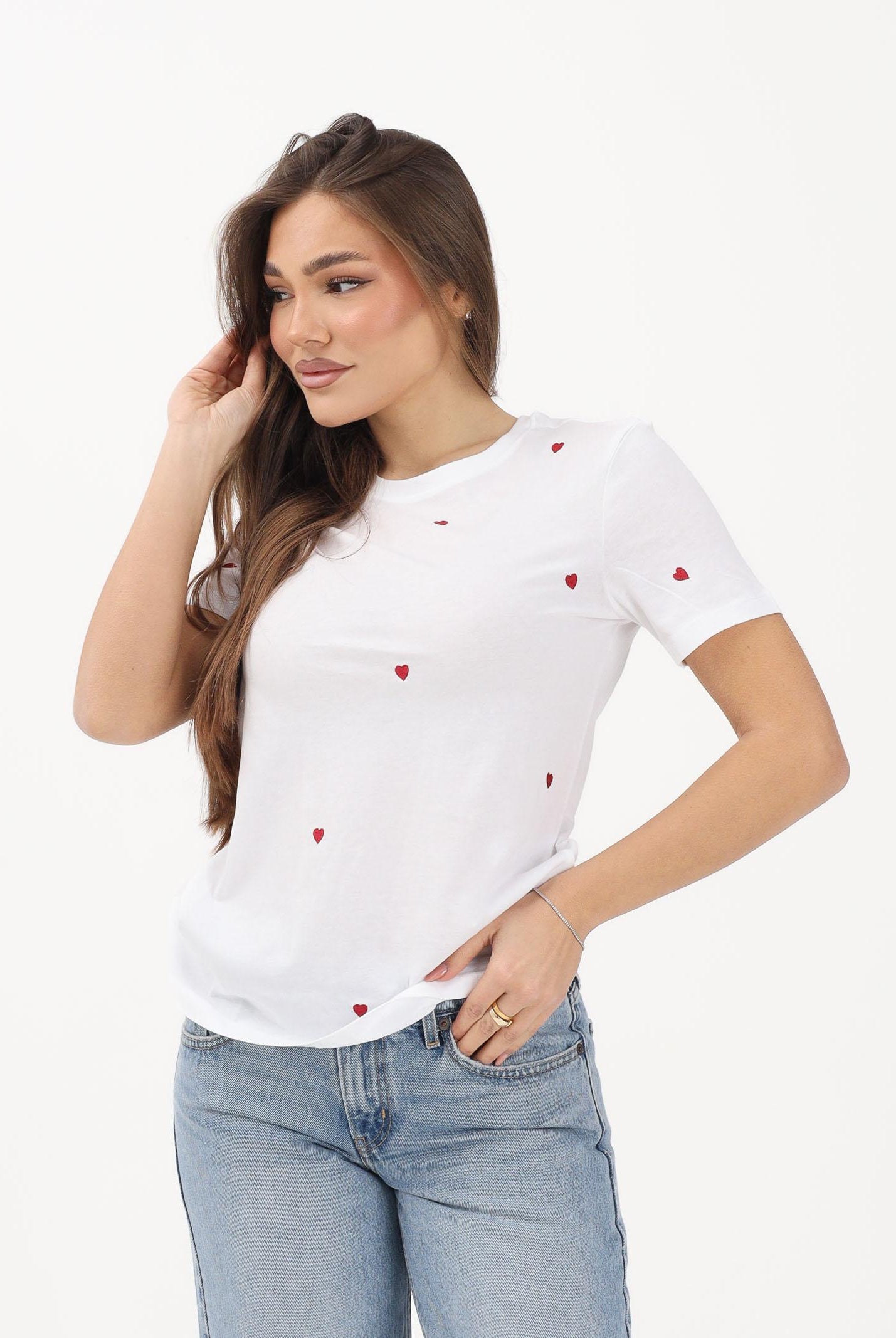 ONLY T-shirt a manica corta bianca da donna con ricamo cuori 15288473 BRWIHE ONLY