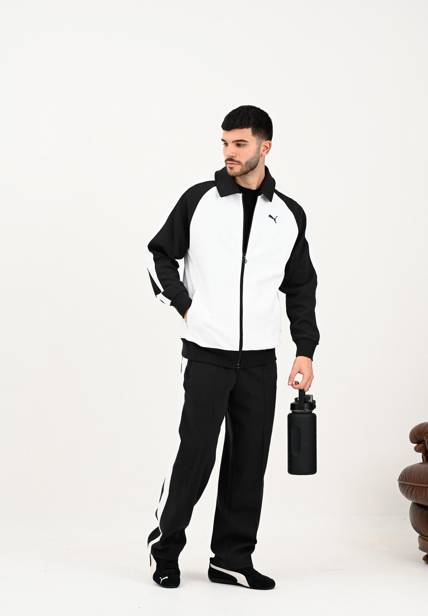 PUMA Felpa con zip T7 bianca e nera da uomo 632994 02 PUMA