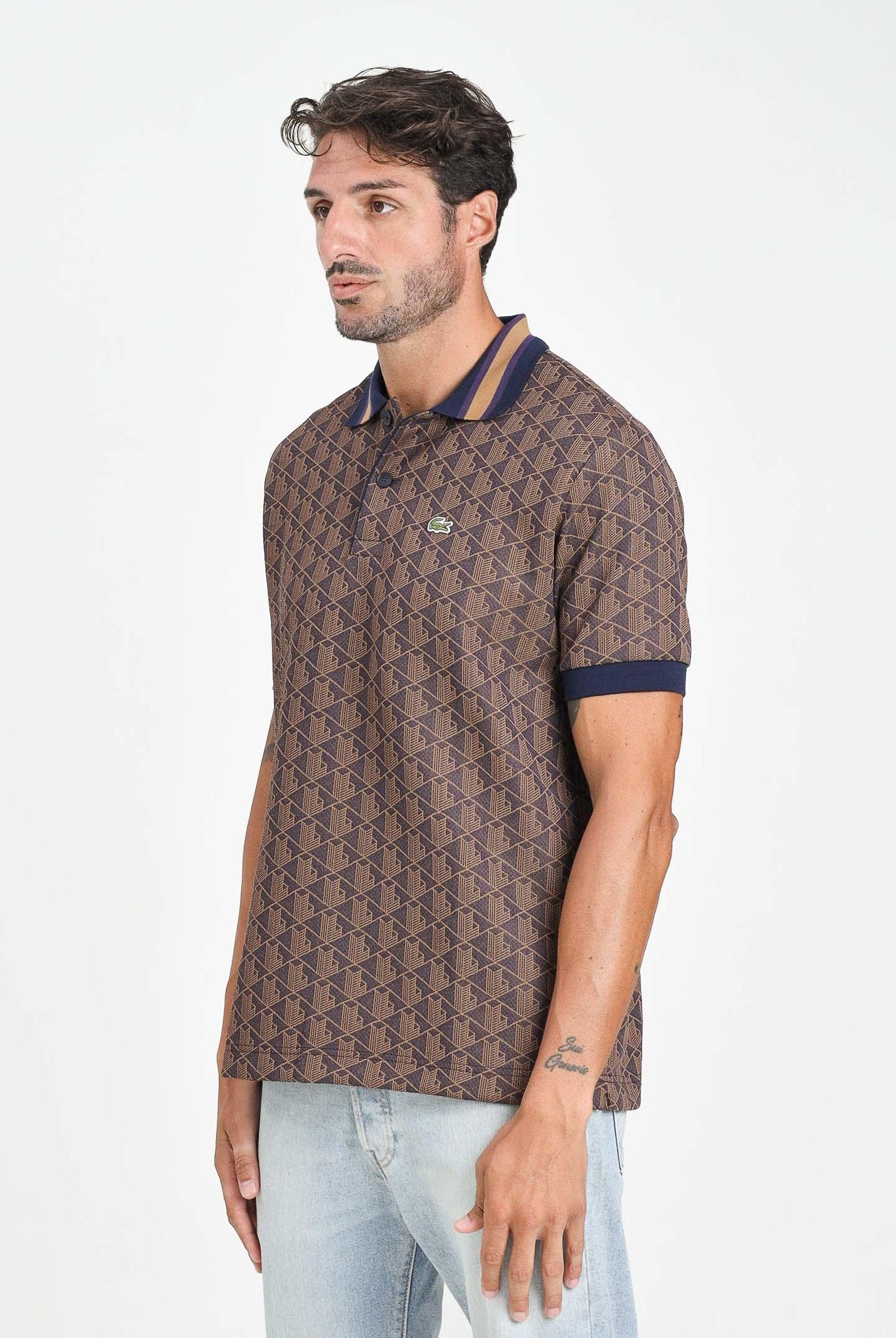 LACOSTE Polo a manica corta marrone da uomo in jacquard con monogramma DH1417 9I4 LACOSTE