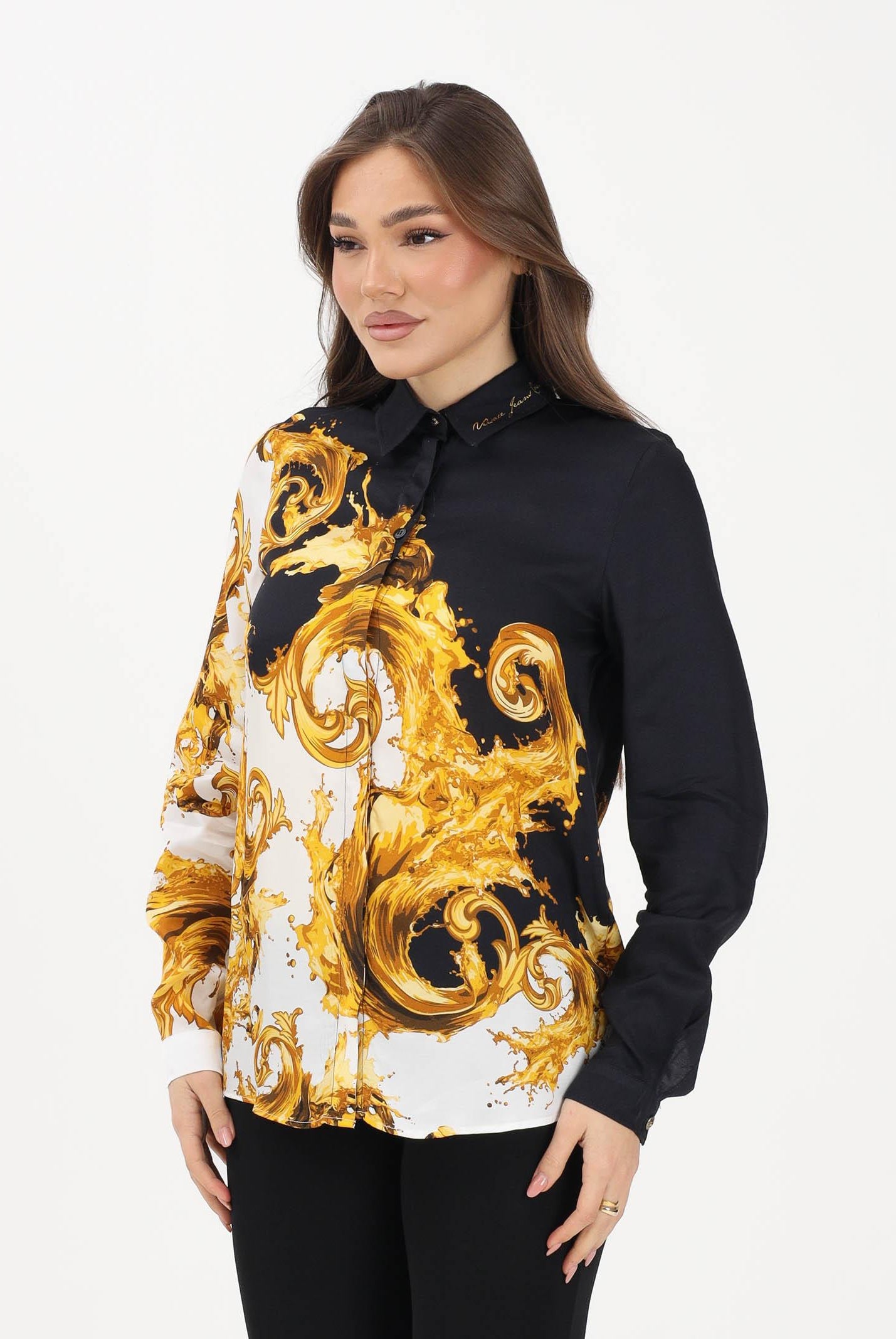 VERSACE JEANS COUTURE Camicia a manica lunga nera e bianca da donna con stampa Wave Couture 80HAL2P1NS802 GL1 VERSACE JEANS COUTURE