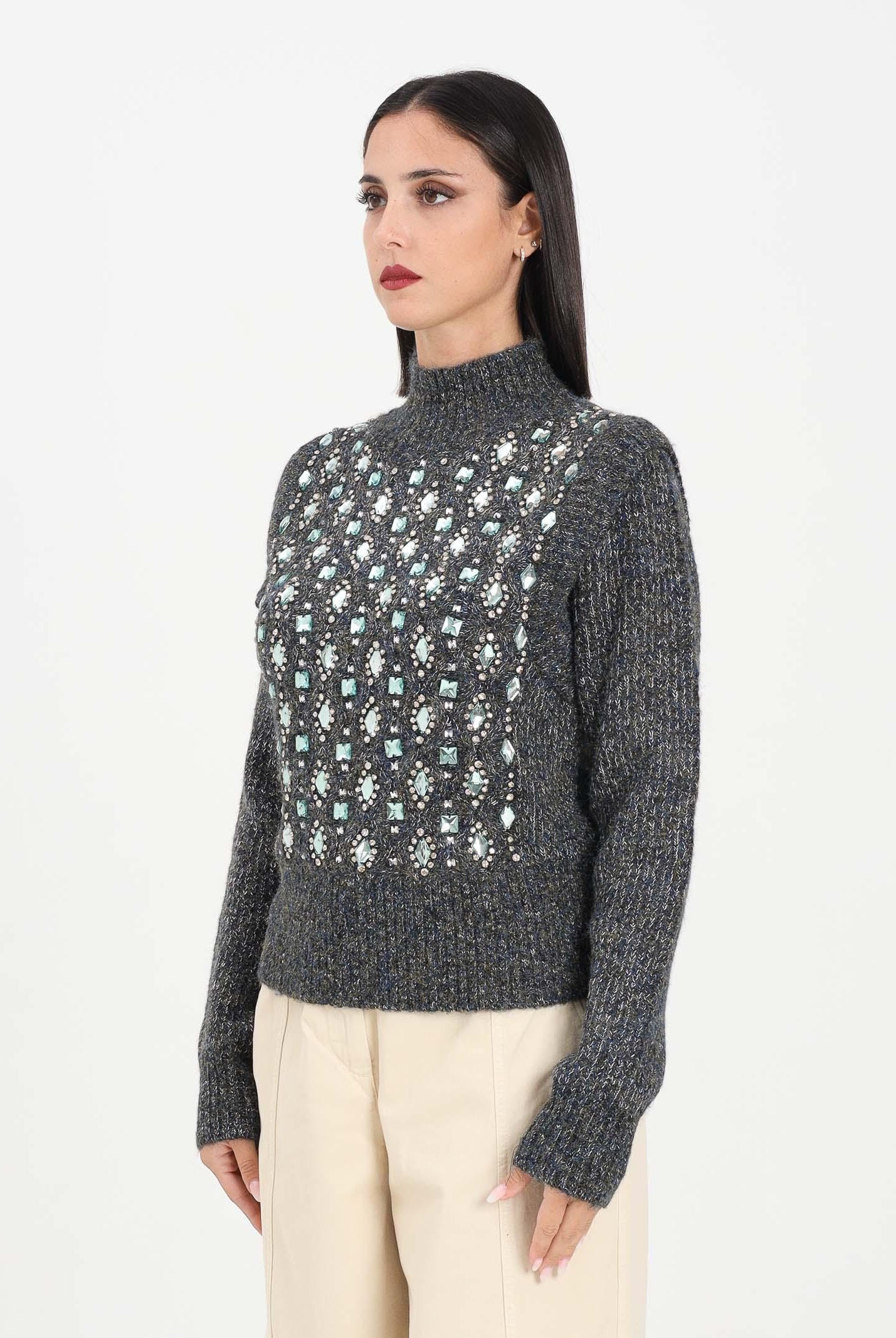 PINKO Maglione in filato mélange blu e verde da donna con ricamo pietre 105971A2YC IG1 PINKO