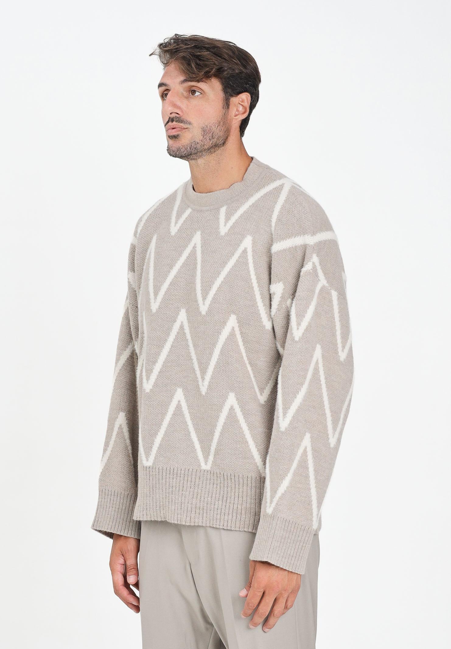 I'M BRIAN Maglione girocollo beige da uomo con motivo zig-zag MA3402 0025 I'M BRIAN