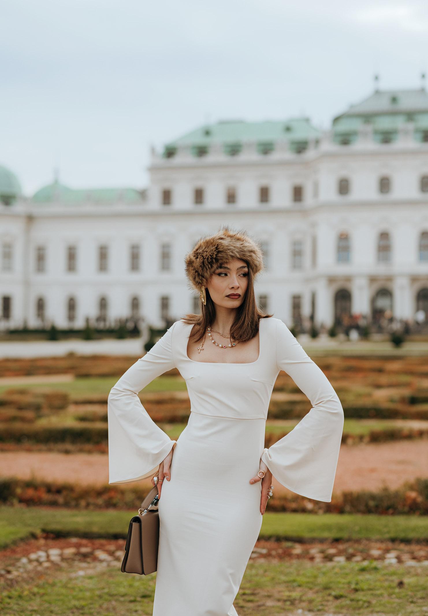 SANTAS Abito lungo LUMIÈRE panna da donna con manica svasata PV2601 PA SANTAS