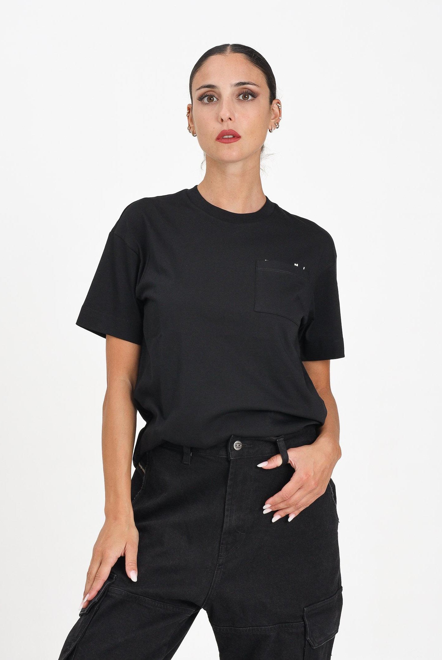 MARNI T-shirt a manica corta nera per donna, ragazzi e bambini con taschino e logo M01415M00RF 0M900 MARNI