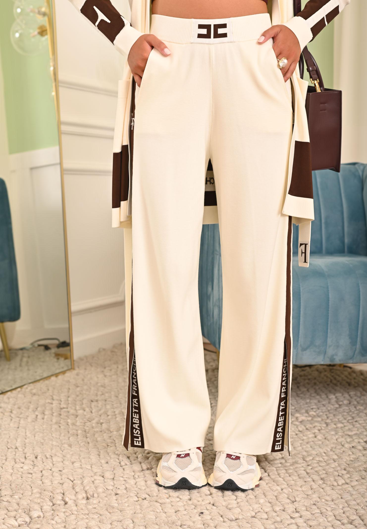 ELISABETTA FRANCHI Pantalone in maglia panna da donna con bande lucide<BR/> KP69S56E2 EG2 ELISABETTA FRANCHI