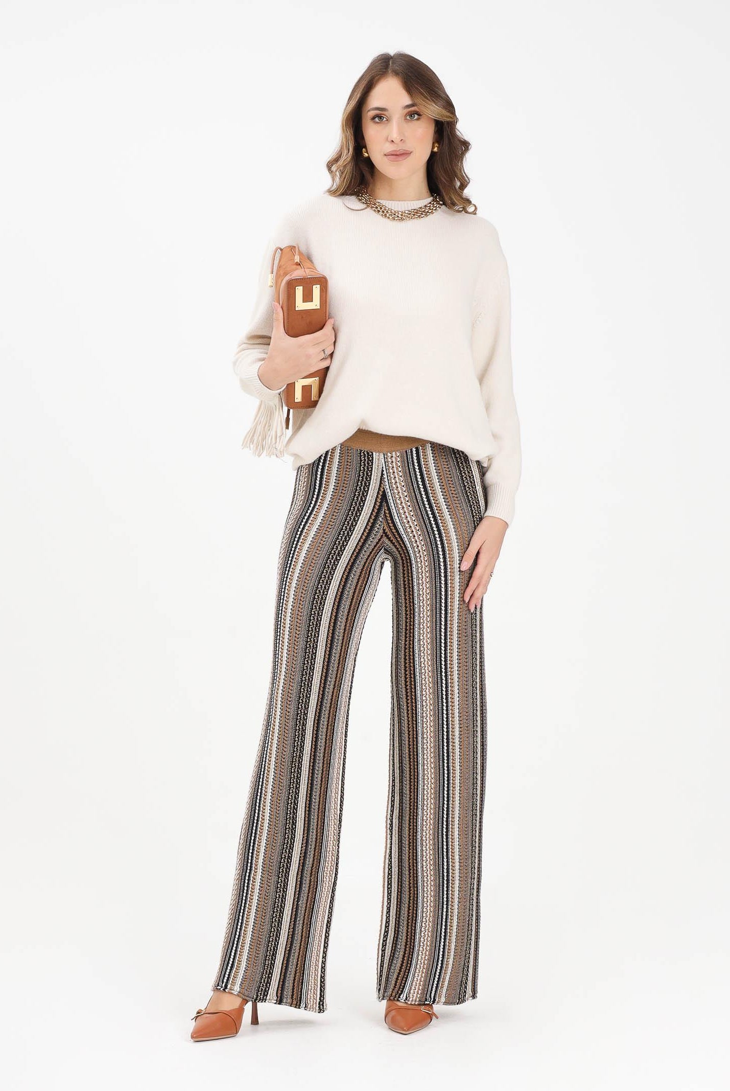 AKEP Pantalone a gamba dritta in maglia lavorata con righe multicolor da donna PTKD11003 V2 AKEP