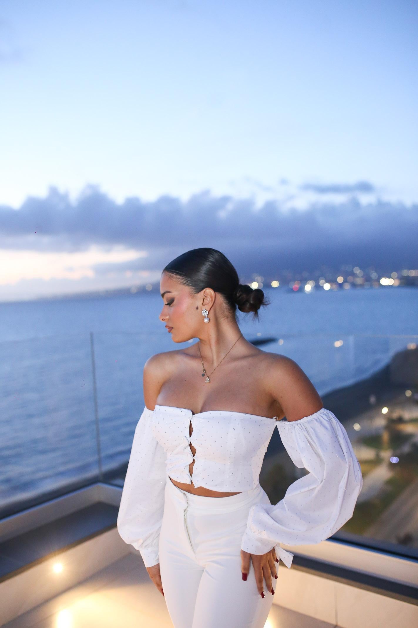 SANTAS Top elegante bianco da donna interamente ricoperto di strass PV2501 BIANCO SANTAS