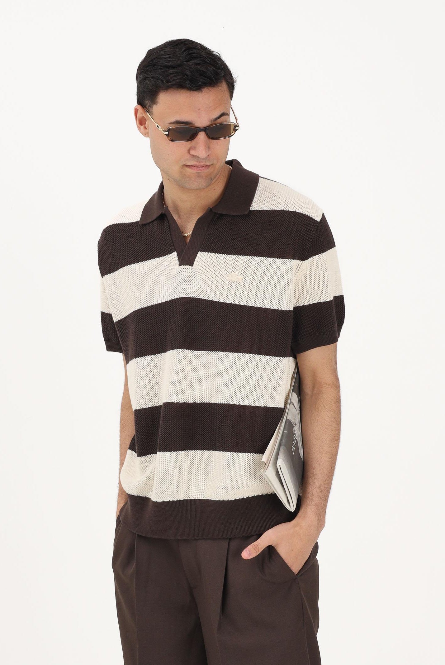 LACOSTE Polo in maglia marrone e panna da uomo AH2561 4I9 LACOSTE