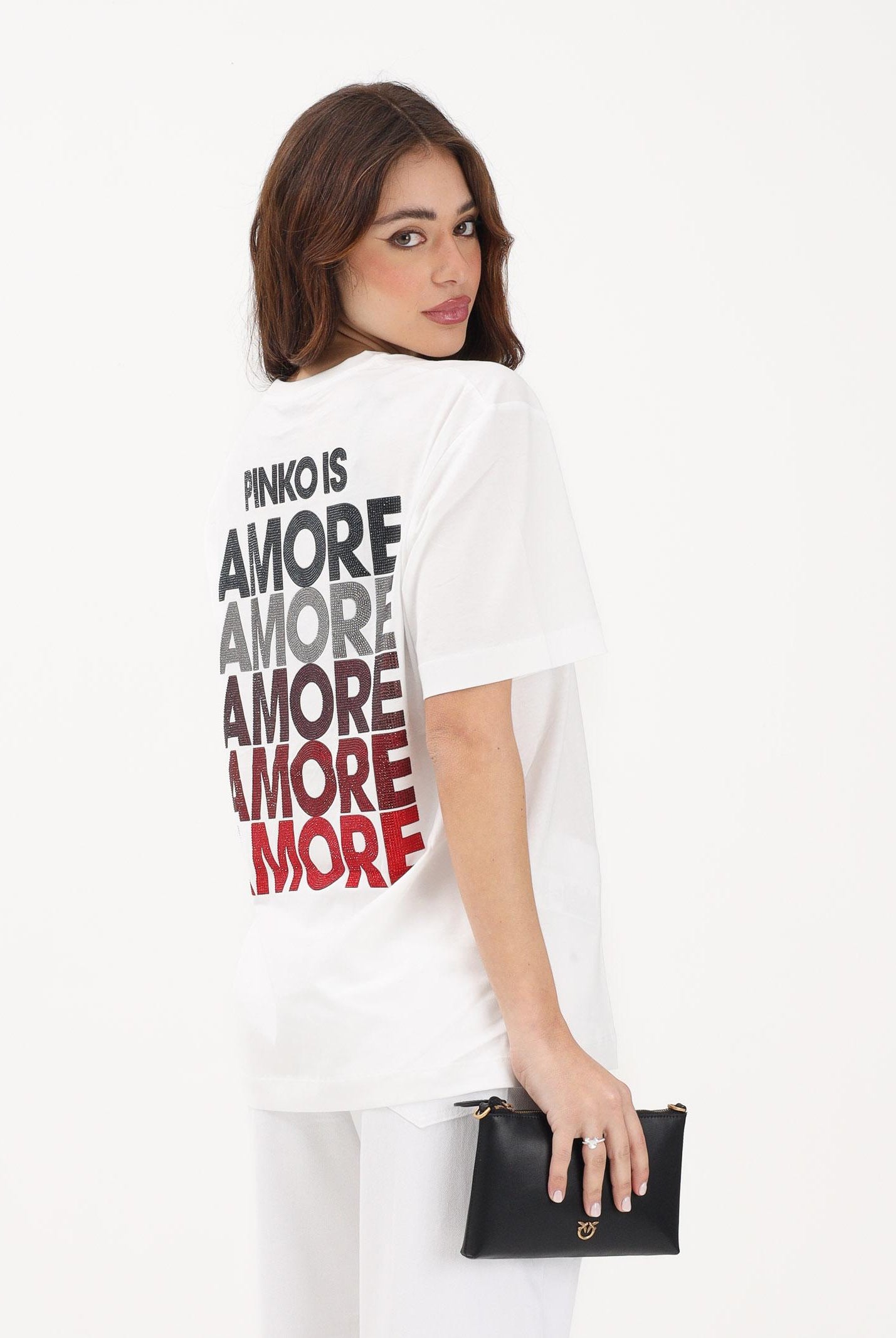 PINKO T-shirt a manica corta bianca da donna con stampa sul retro 105526A33I ZR2 PINKO