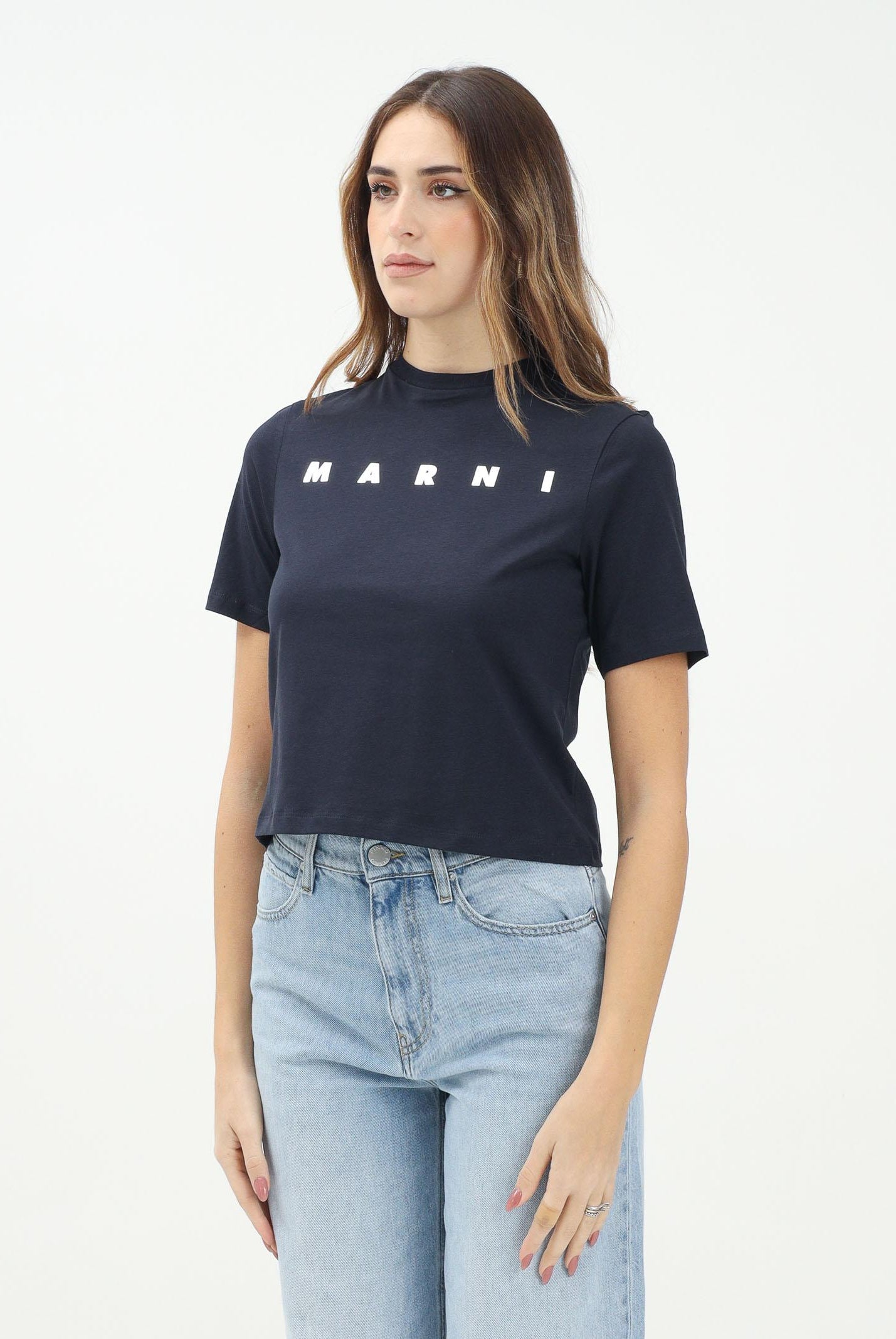 MARNI T-shirt a manica corta blu per donna e bambina con stampa logo M01317M00HZ 0M803 MARNI