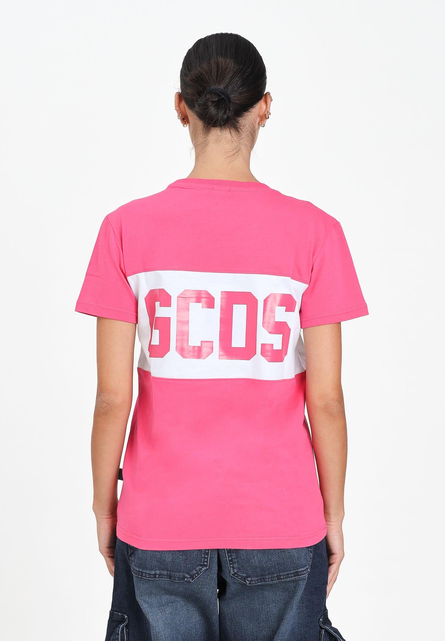 GCDS T-shirt a manica corta fucsia per donna, ragazze e bambine con fascia bianca logata B2JU2329JF1 59 GCDS
