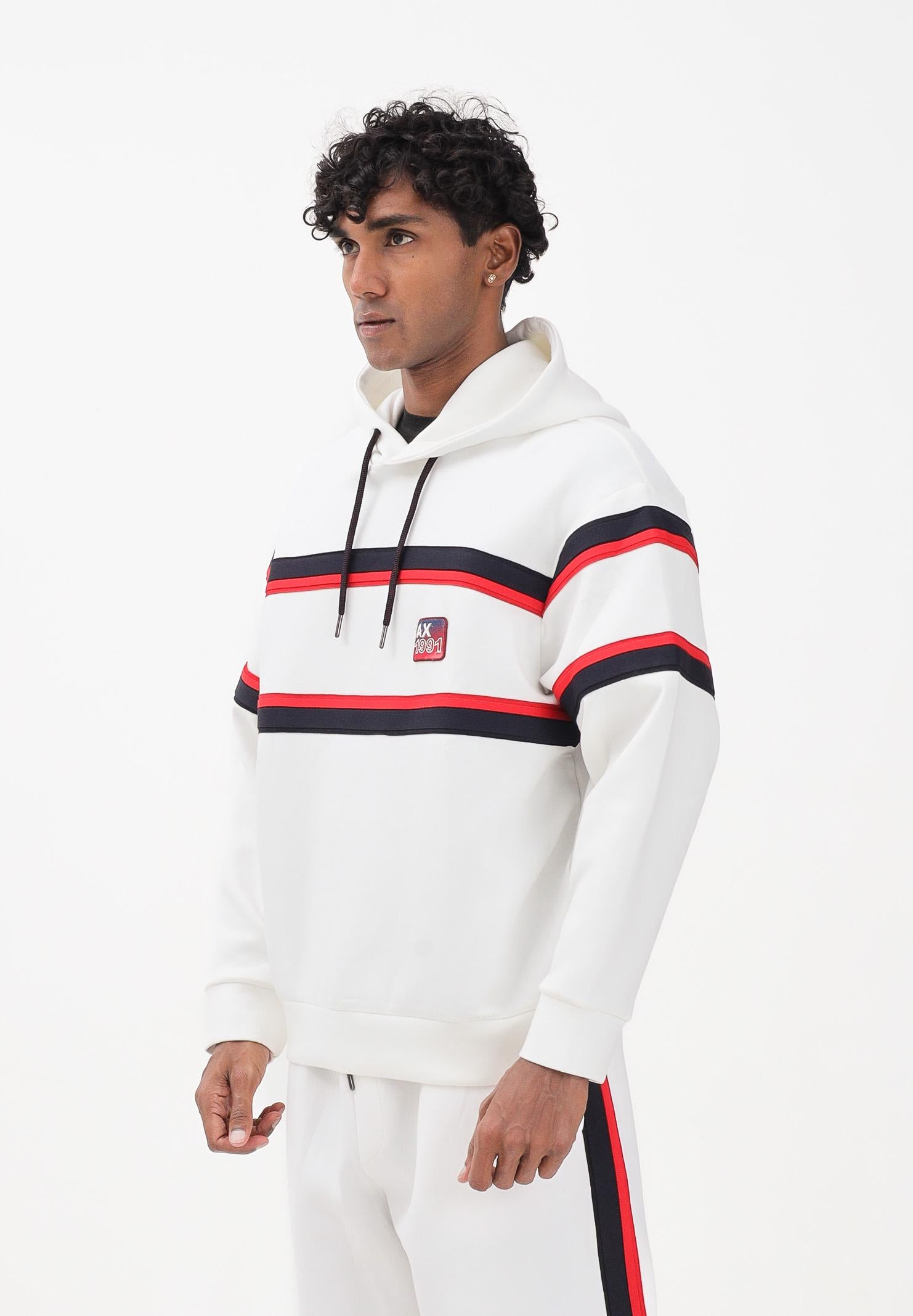 ARMANI EXCHANGE Felpa con cappuccio bianca da uomo caratterizzata da righe a contrasto XM001398AF13047 U0009 ARMANI EXCHANGE