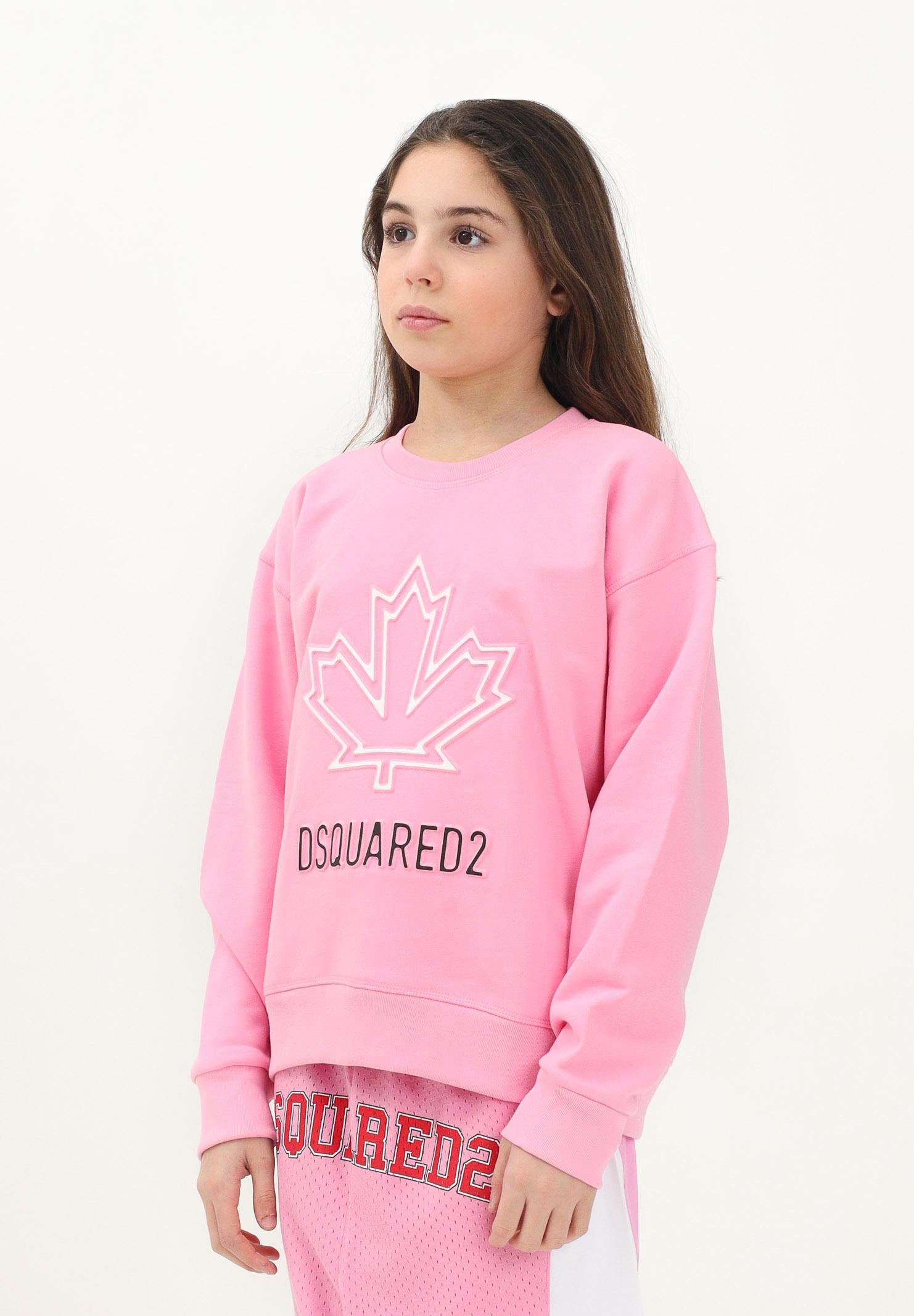 DSQUARED2 Felpa girocollo rosa per donna e bambina con foglia d'acero e logo DQ2786D0A9U DQ321 DSQUARED2