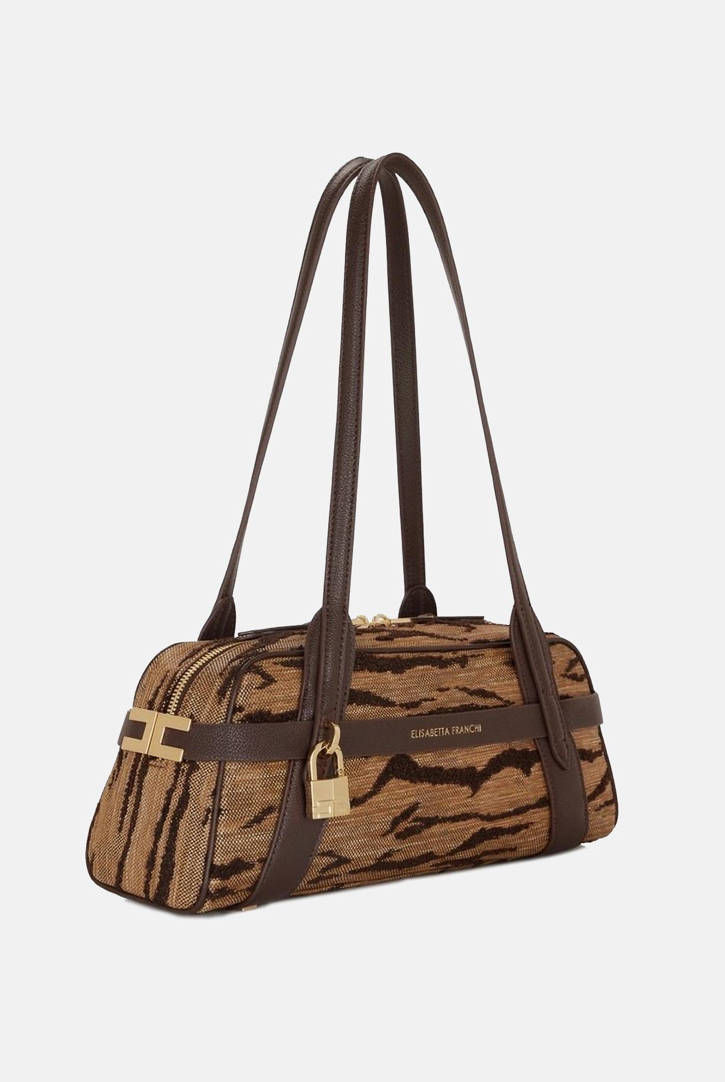 ELISABETTA FRANCHI Borsa a spalla cammello e marrone da donna con stampa tigre<BR/> BS11A62E2 470 ELISABETTA FRANCHI