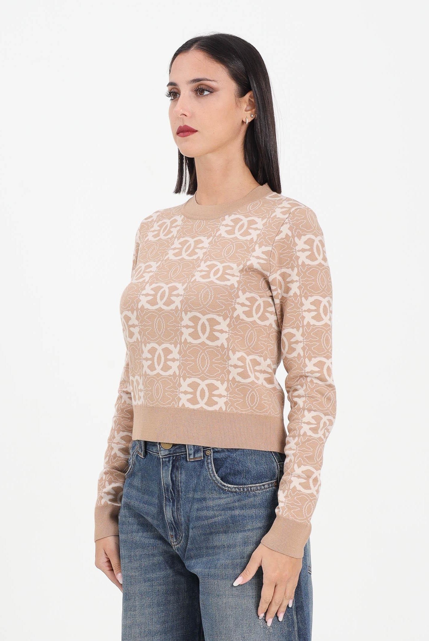 PINKO Maglioncino girocollo beige da donna con logo Love Birds 106041A2YD C4Z PINKO