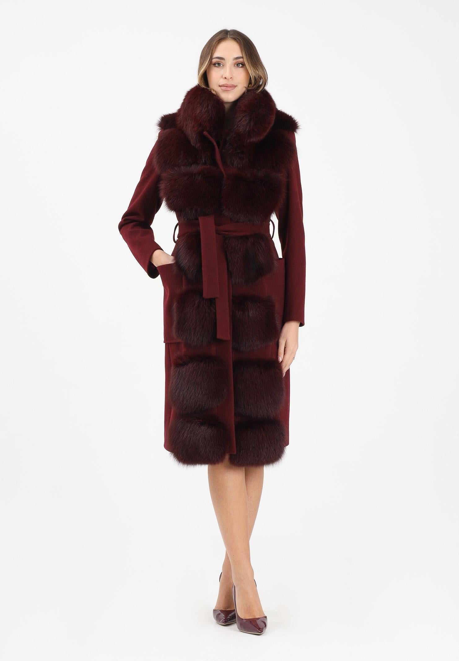 YES LONDON Cappotto bordeaux da donna con dettagli in vera pelliccia di volpe CD1207 BDX YES LONDON