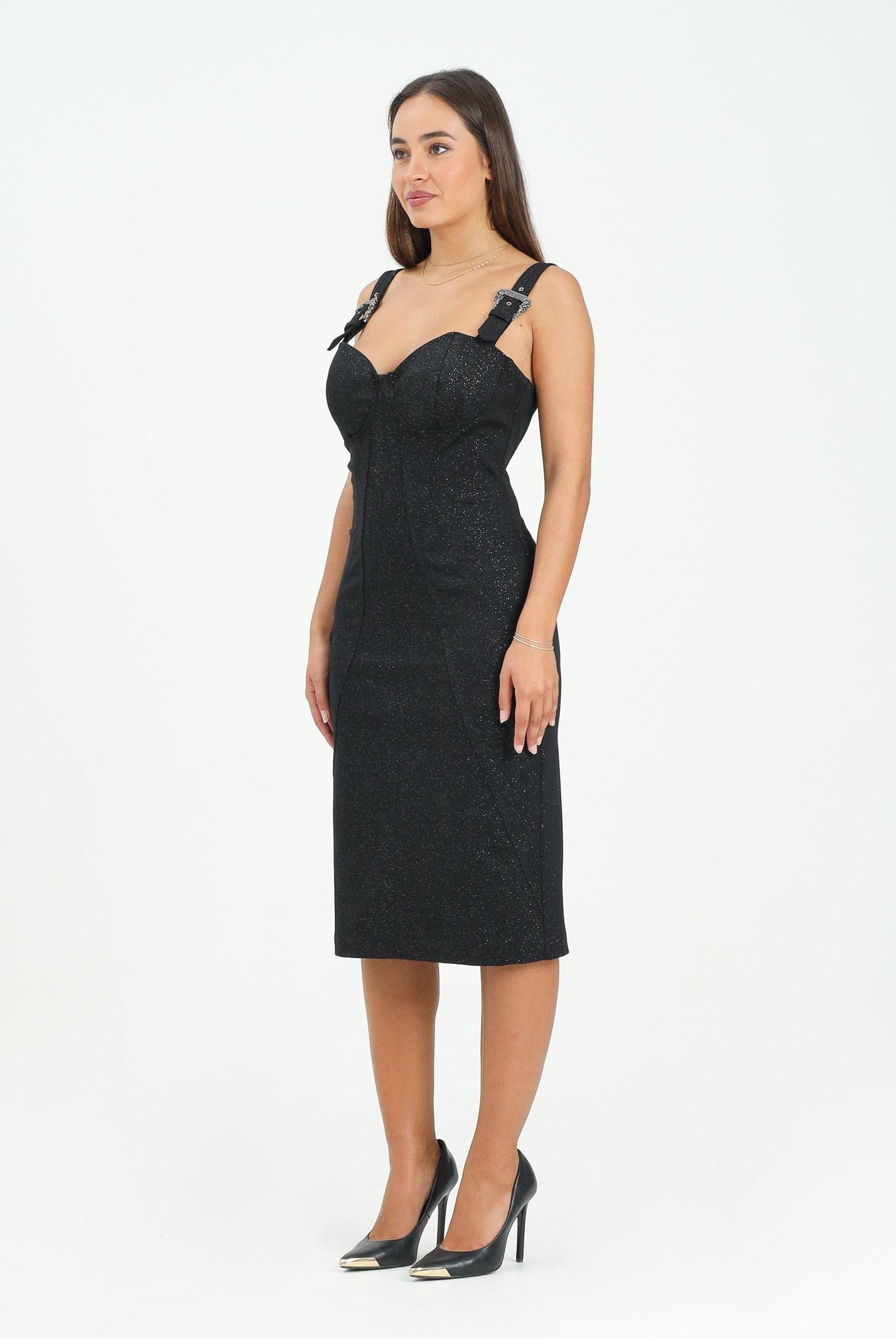 VERSACE JEANS COUTURE Abito midi nero da donna con fibbie Baroque 79HAO954J0240 899 VERSACE JEANS COUTURE