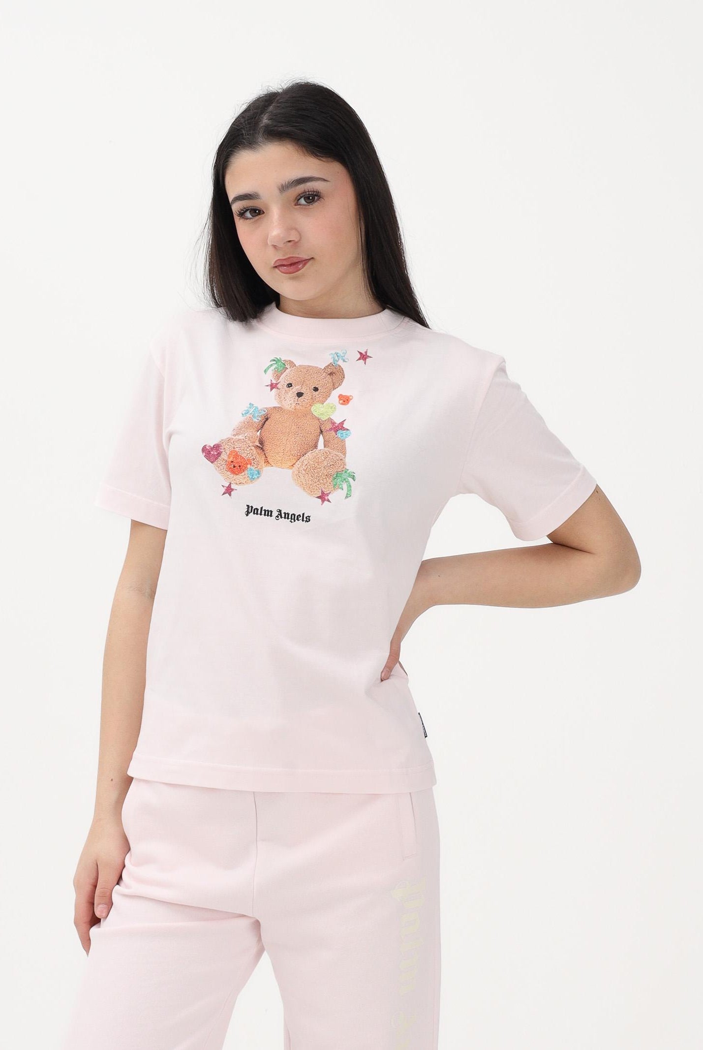 PALM ANGELS T-shirt a manica corta rosa per donna, ragazze e bambine con stampa teddy PGAA002S26JER006 042 PALM ANGELS