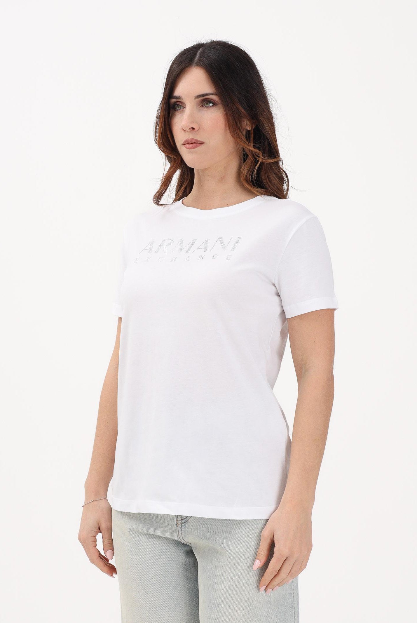 ARMANI EXCHANGE T-shirt a manica corta bianca da donna con logo in strass XW002294AF17172 U0002 ARMANI EXCHANGE
