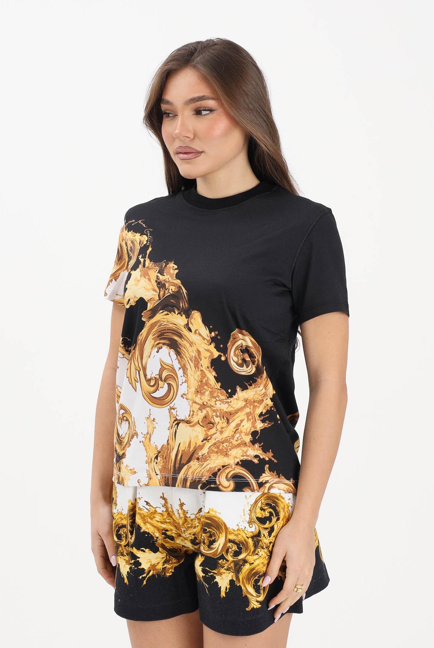 VERSACE JEANS COUTURE T-shirt a manica corta nera e bianca da donna con stampa Wave Couture 80HAH6P3JS542 GL1 VERSACE JEANS COUTURE