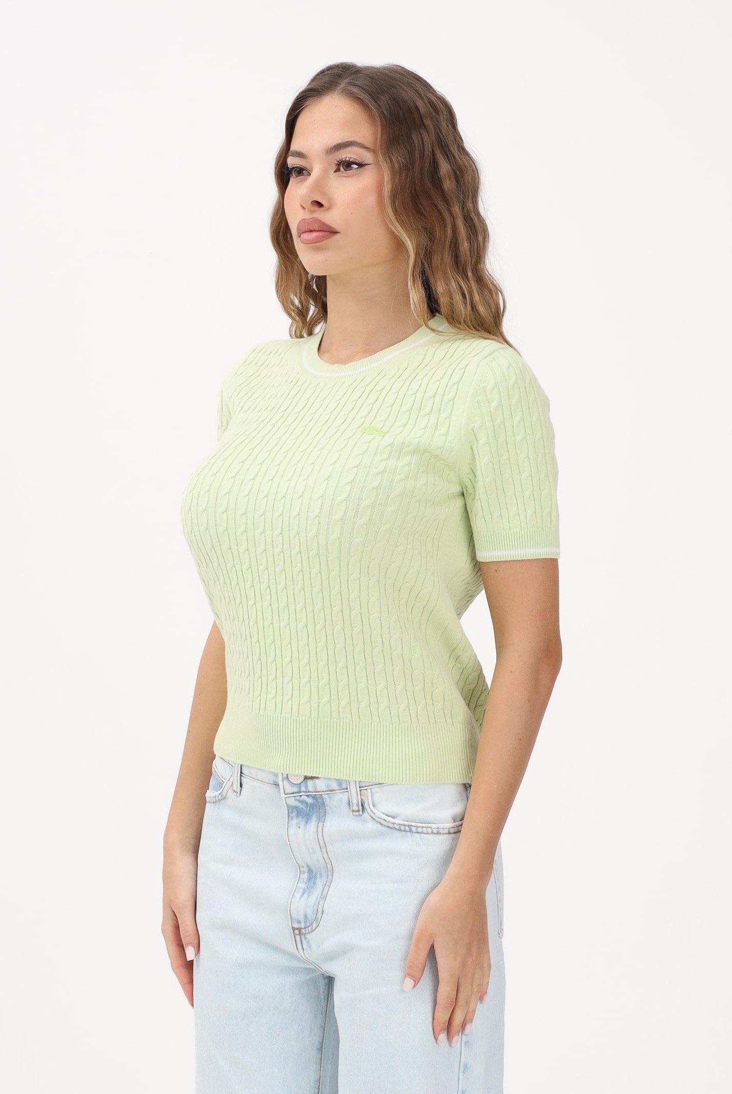 LACOSTE Maglia a manica corta verde da donna in maglia a trecce AF9862 BIC LACOSTE