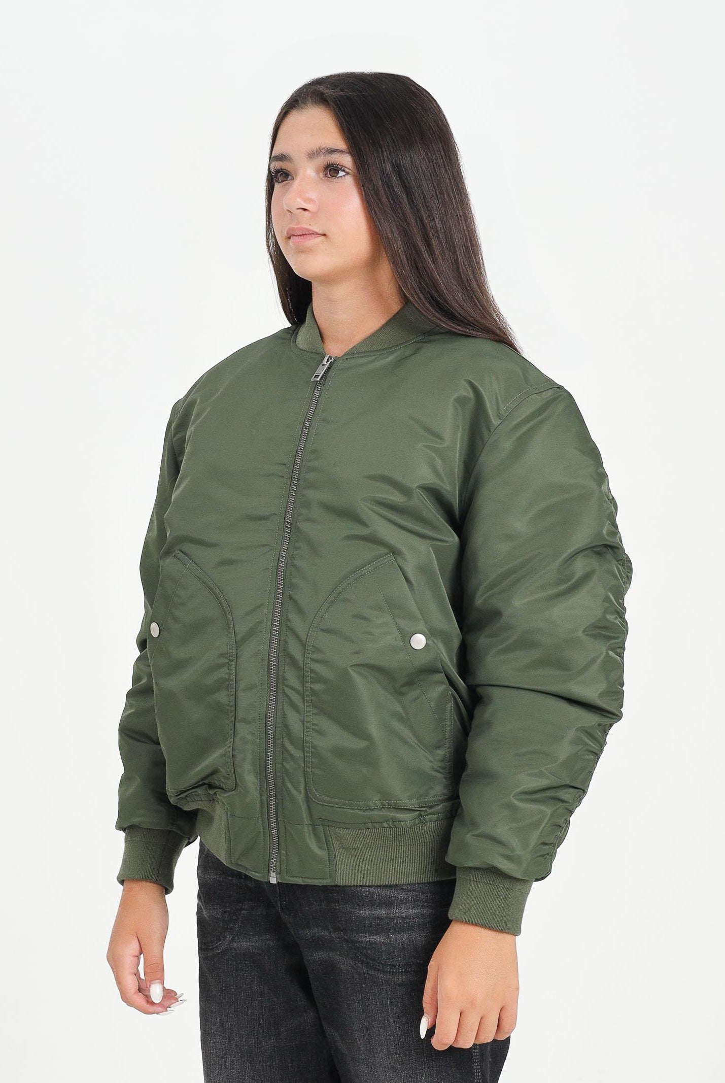 DIESEL Bomber verde militare per donna, ragazzi e bambini con maxi logo Oval Diesel J023980KAUX K513 DIESEL