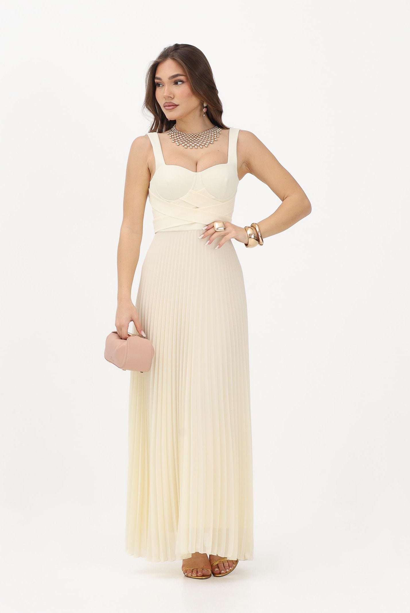 PATRIZIA PEPE Abito lungo plissè crema da donna con corpetto strutturato 2A3064A737 W418 PATRIZIA PEPE