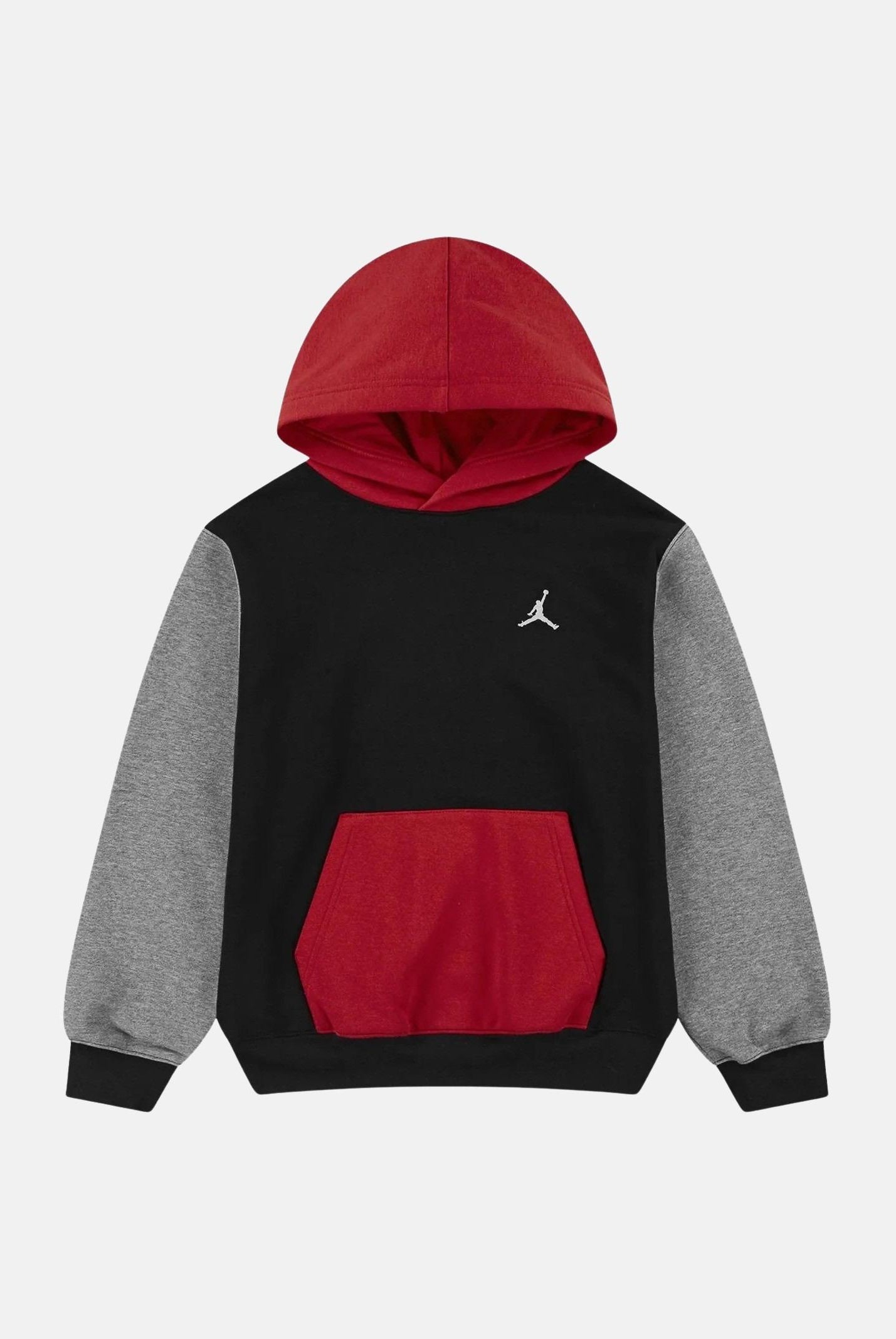 JORDAN Felpa con cappuccio MJ Brooklyn Fleece nera, rossa e grigia per bambino e bambina 95F121 KR5 JORDAN