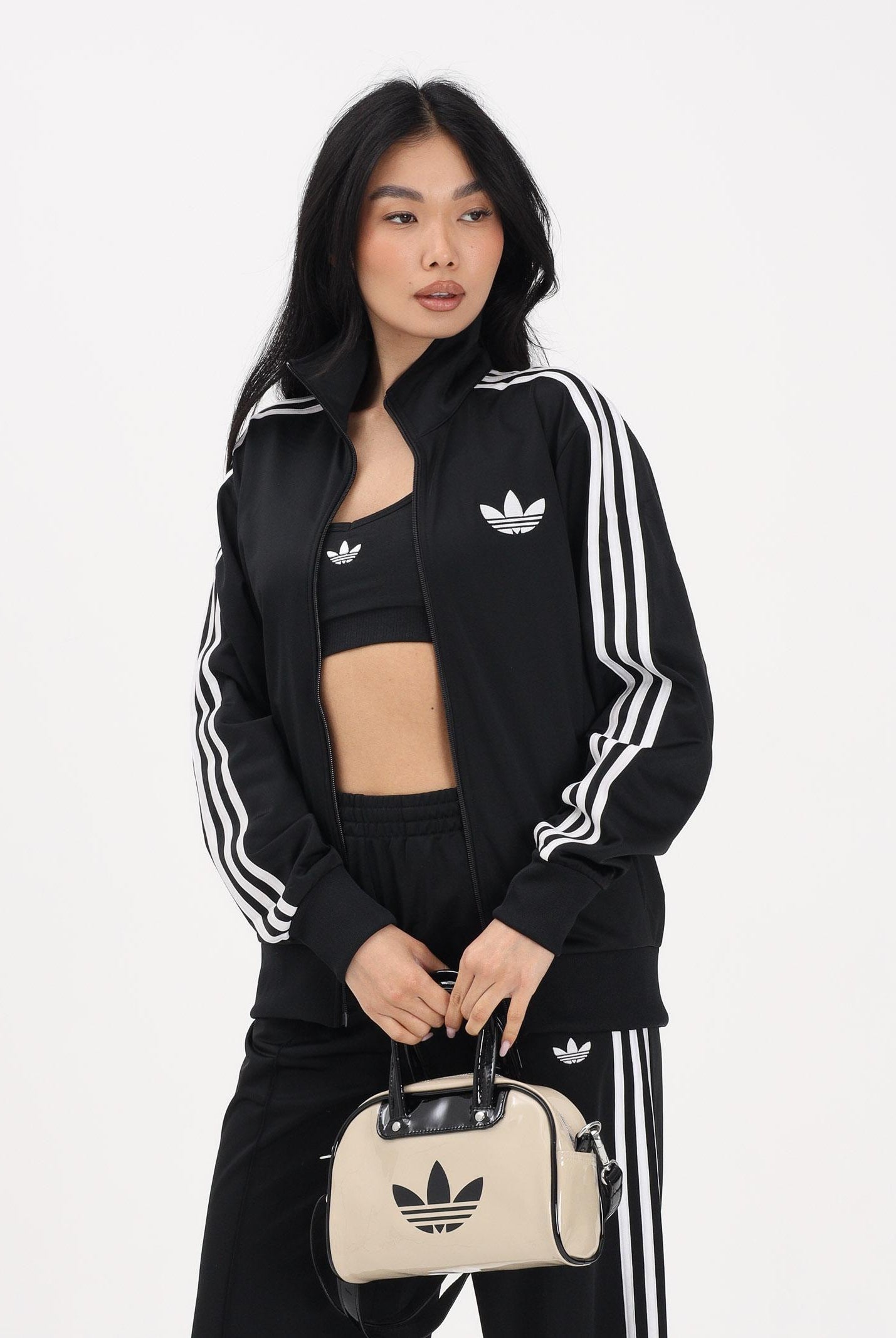 ADIDAS ORIGINALS Felpa con zip Firebird Loose nera da donna KD7983 . ADIDAS ORIGINALS