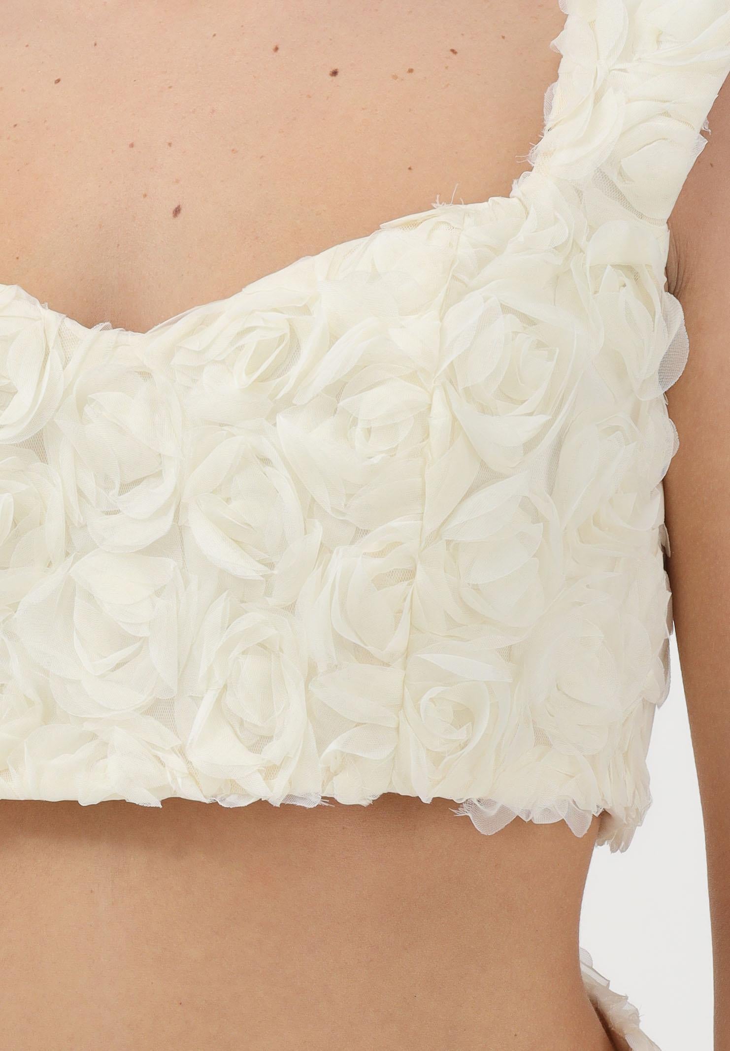 SHIT Top elegante color crema da donna realizzato in tessuto decorato con applicazioni floreali in rilievo SH26024 CR SHIT