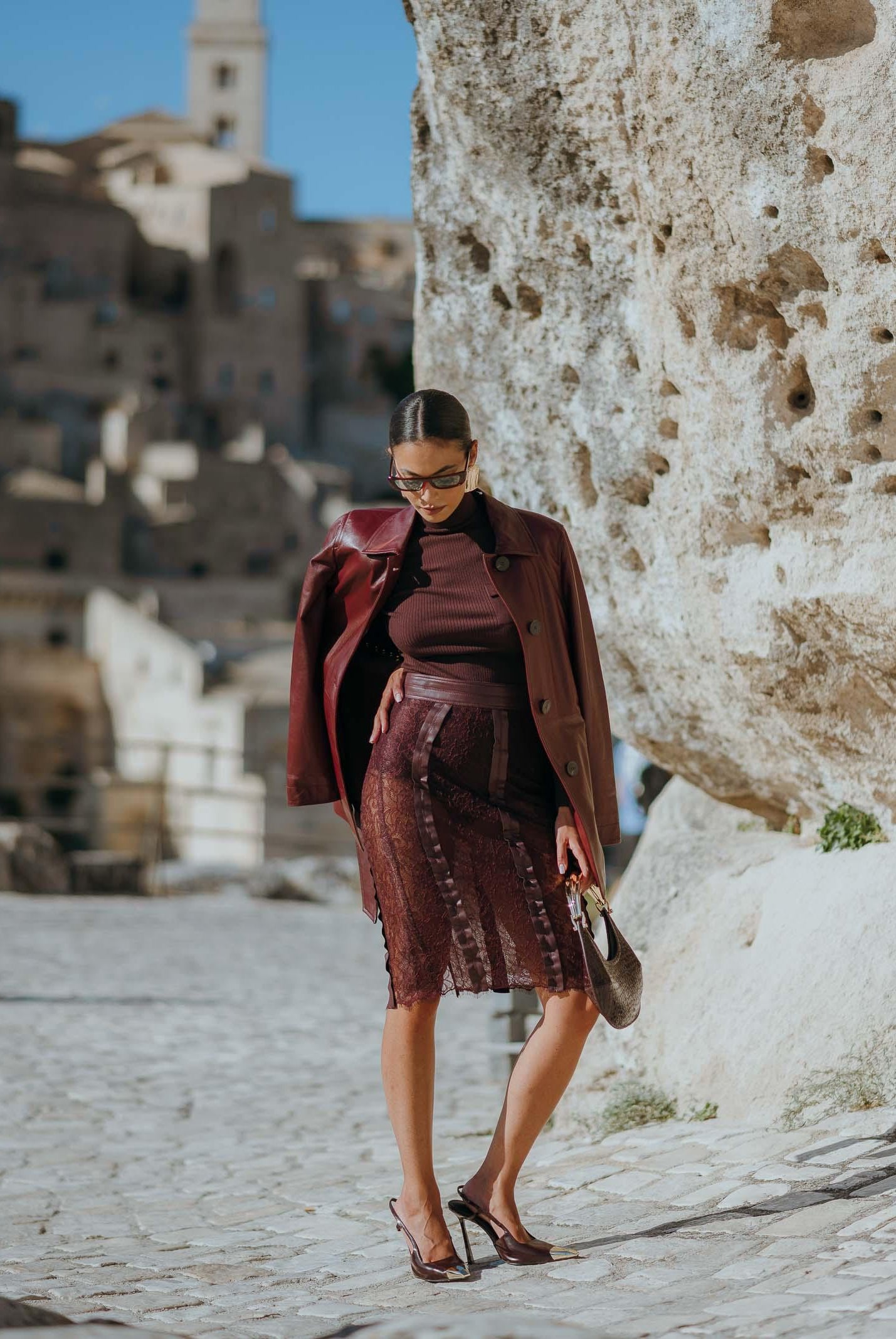 ELISABETTA FRANCHI Gonna midi in pizzo floreale bordeaux da donna GO14457E2 EA4 ELISABETTA FRANCHI