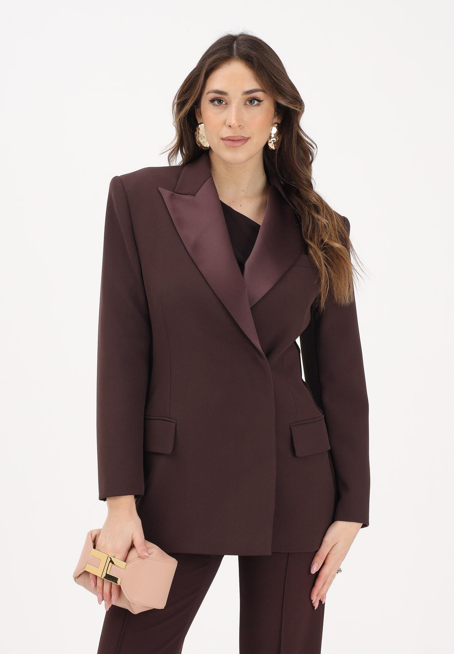 ELISABETTA FRANCHI Giacca doppiopetto cacao da donna in crêpe leggero e raso GI24163E2 644 ELISABETTA FRANCHI