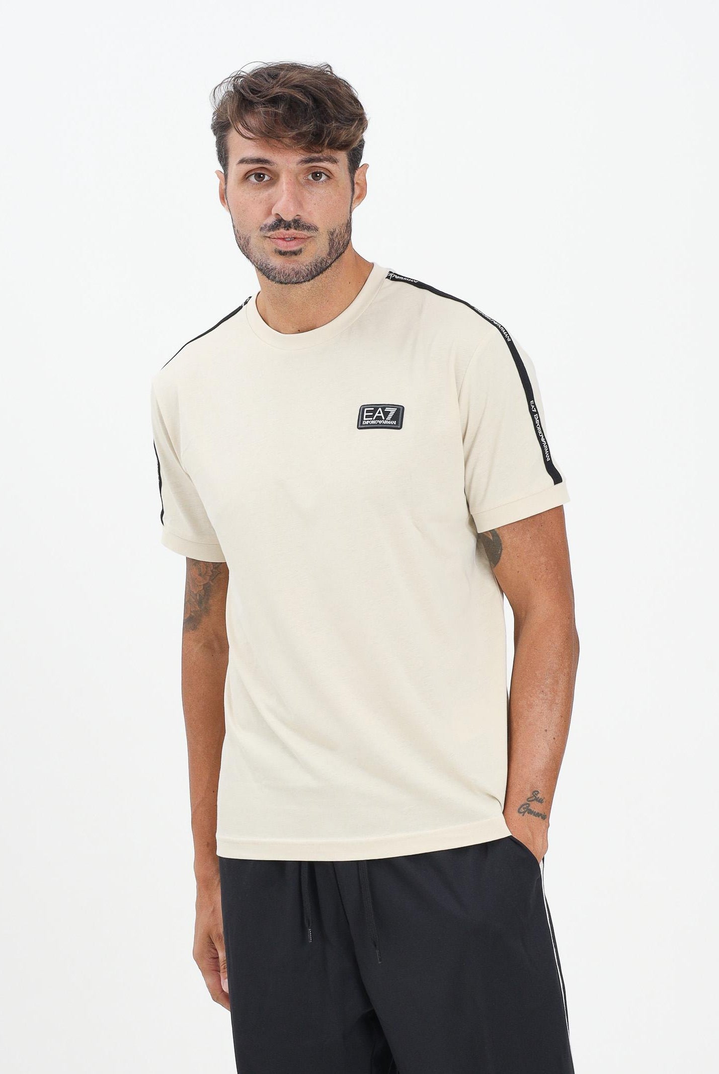 EA7 T-shirt a manica corta panna da uomo con bande logate 7M000956AF10375 M1218 EA7
