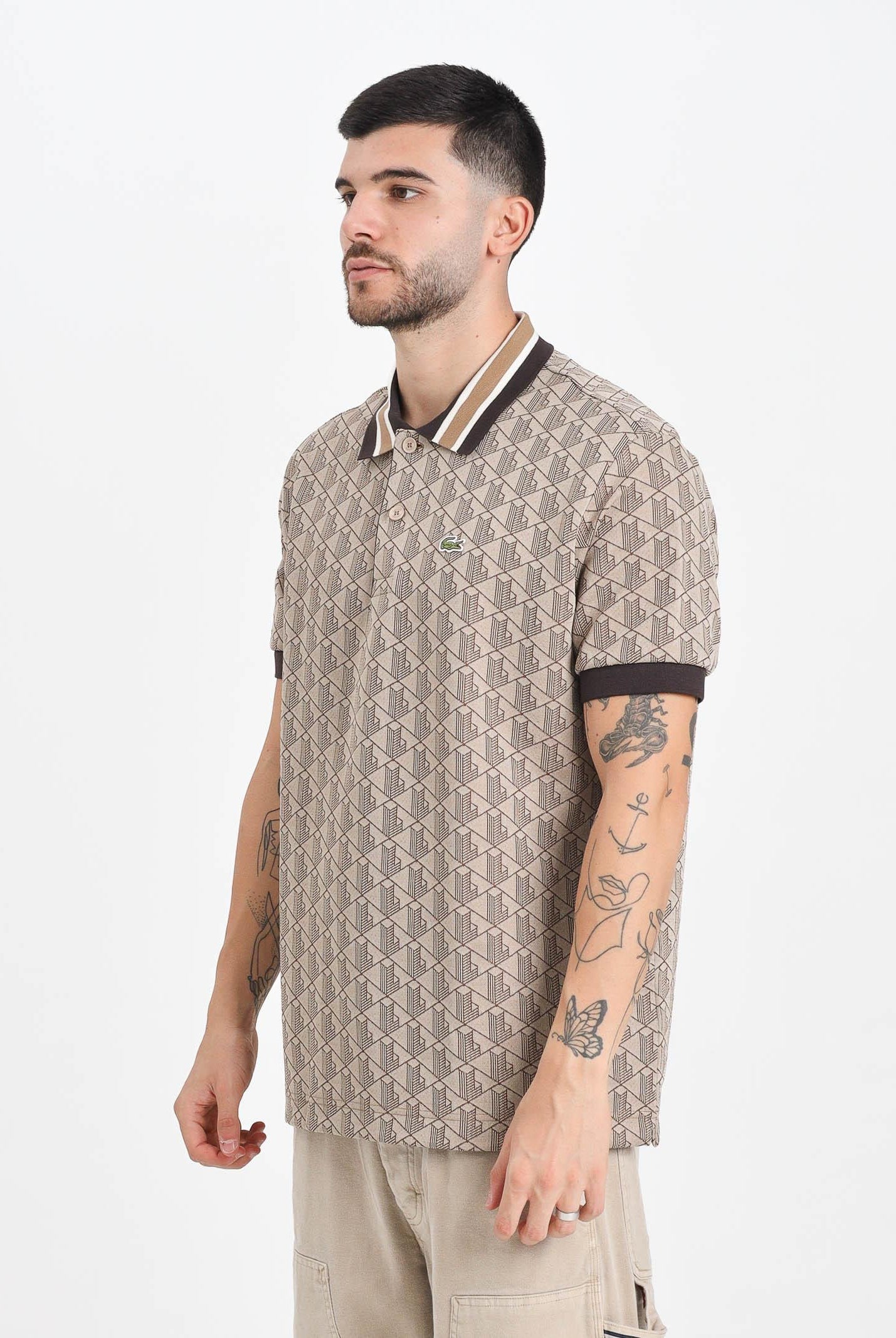 LACOSTE Polo a manica corta beige da uomo in jacquard con monogramma DH1417 6IR LACOSTE