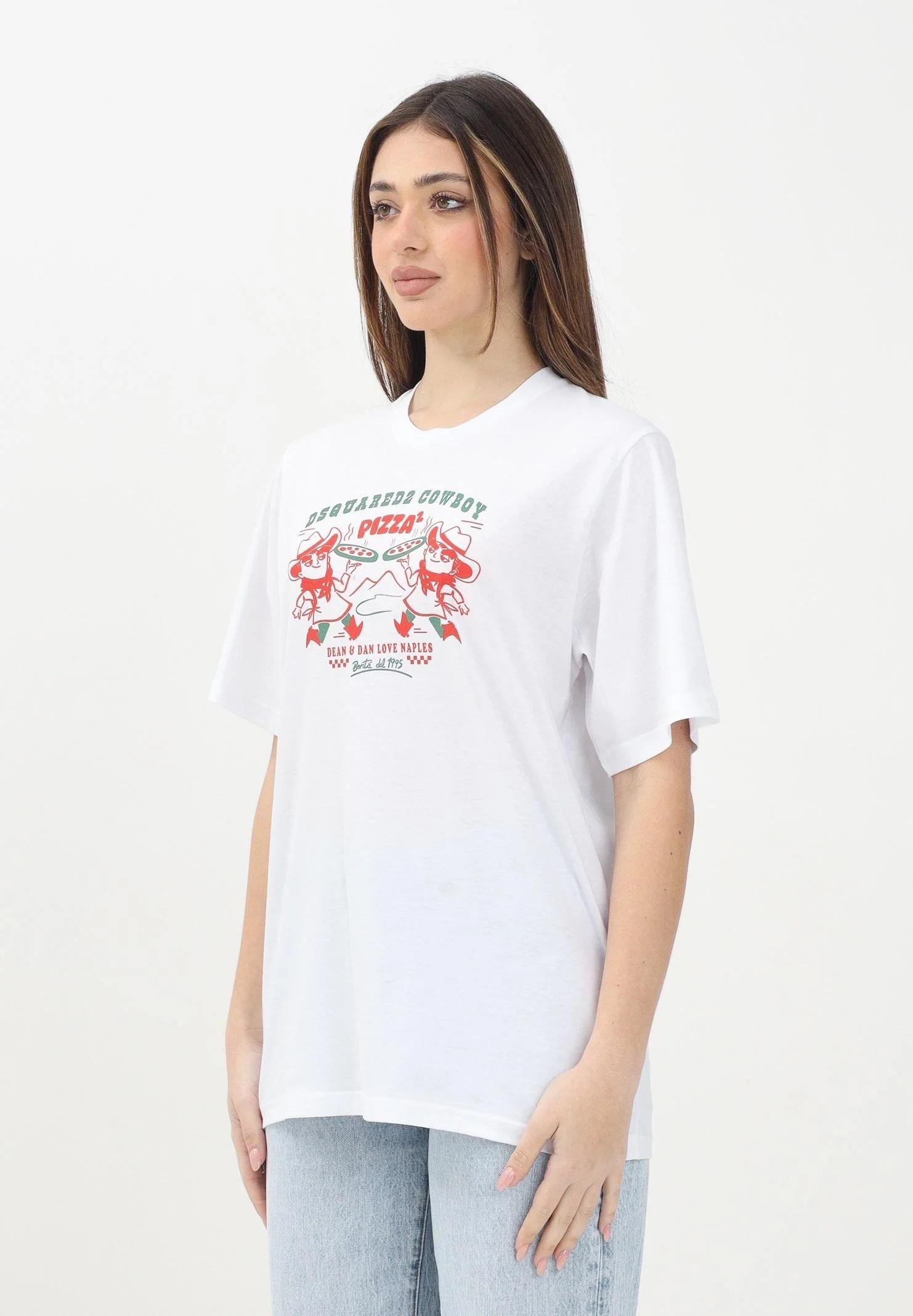 DSQUARED2 T-shirt a manica corta bianca per donna, ragazzi e bambini con grafica originale "Cowboy Pizza" DQ2975D004G DQ100 DSQUARED2