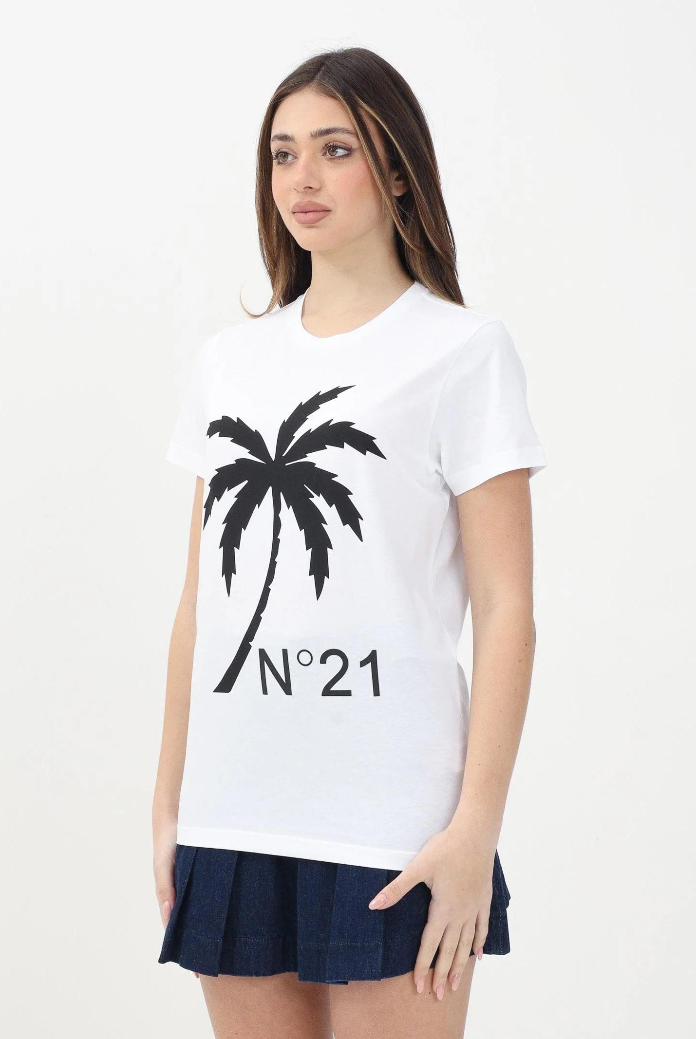 N21 T-shirt a manica corta bianca per donna, ragazzi e bambini con grafica palm tree e logo N2104GN0080 0N100 N21