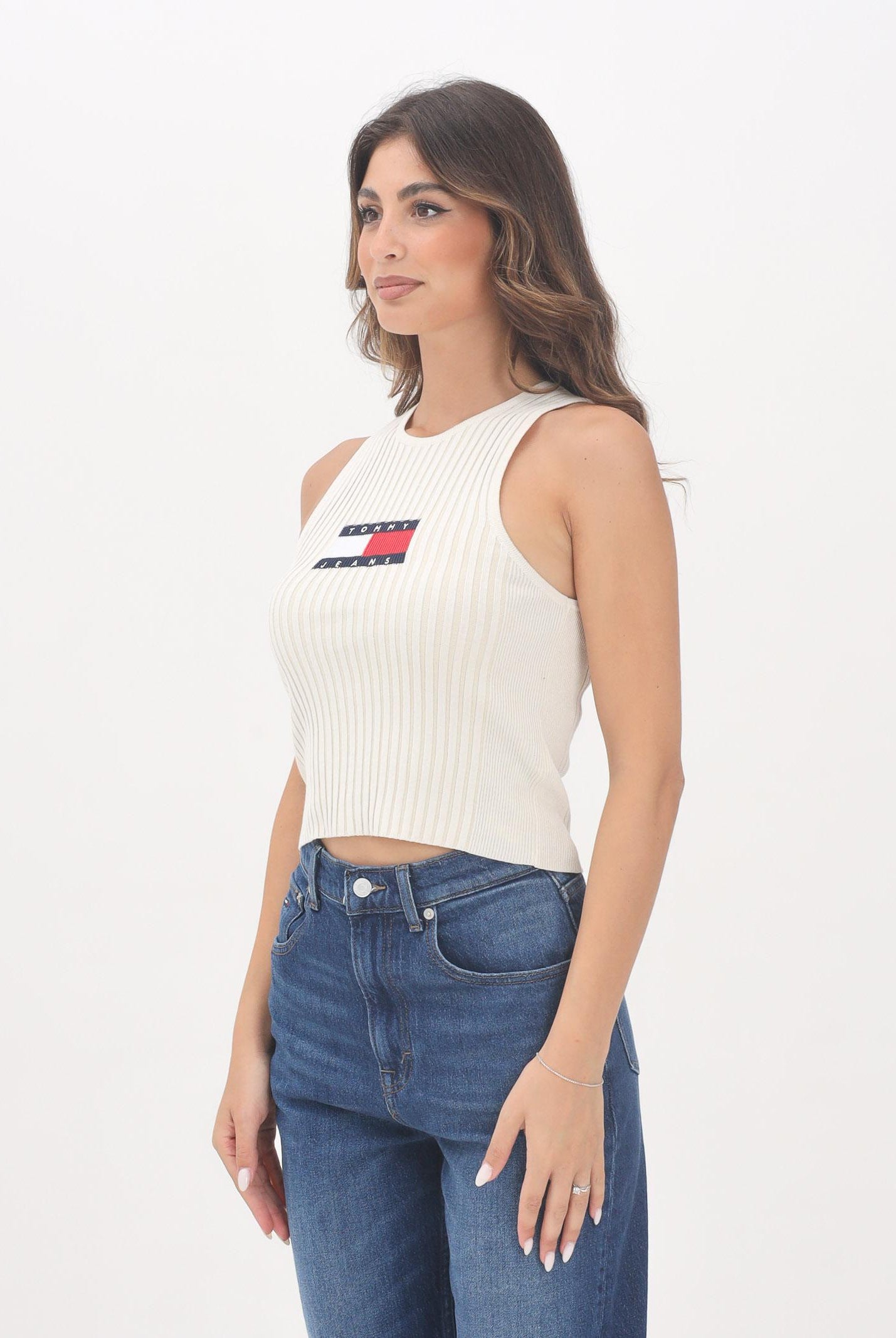 TOMMY JEANS Canotta beige da donna stile vogatore a coste DW0DW20975YBL TOMMY JEANS