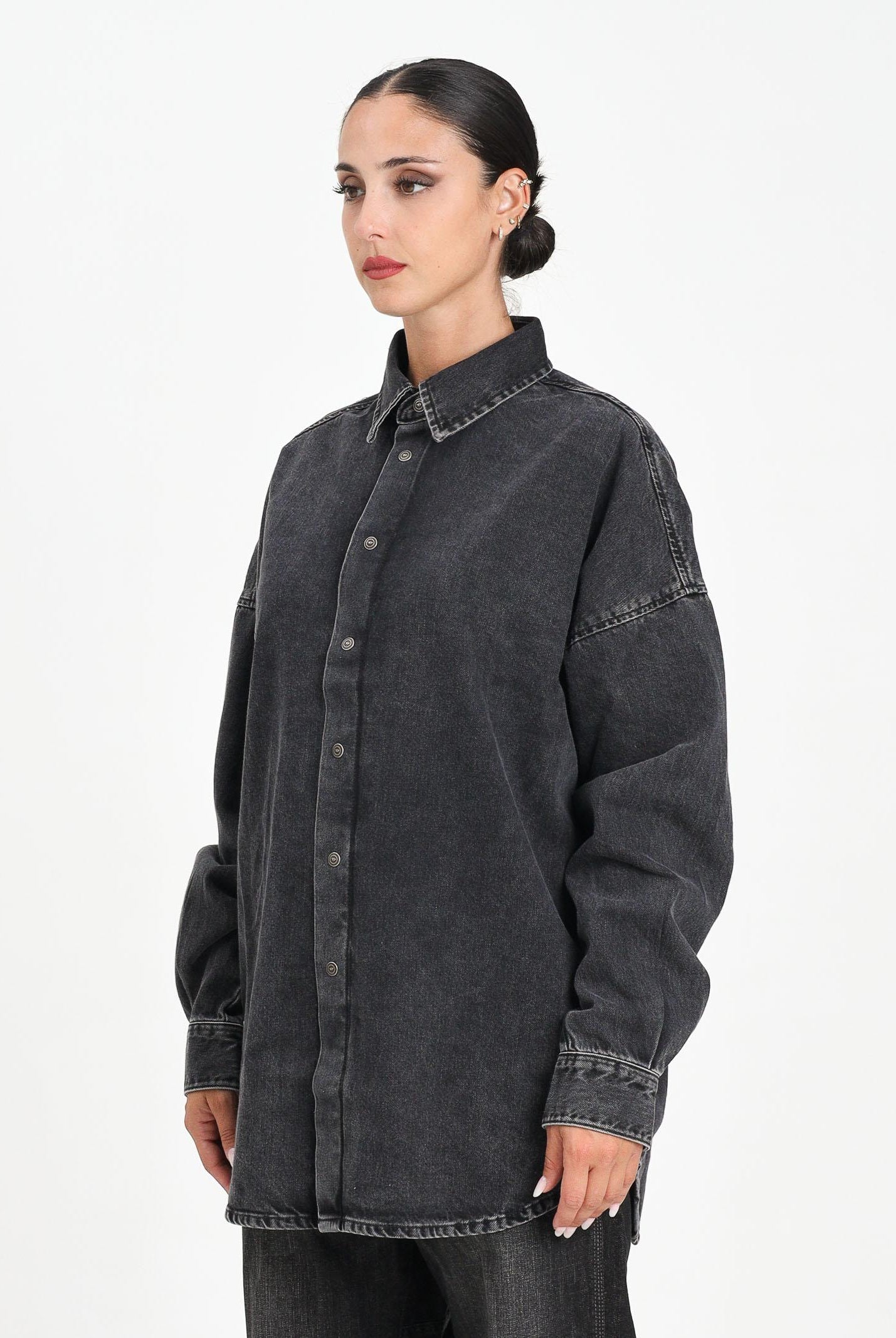 DIESEL Camicia a manica lunga in denim nero per donna, ragazzi e bambini con maxi logo Oval D J02307KXBPT K02 DIESEL