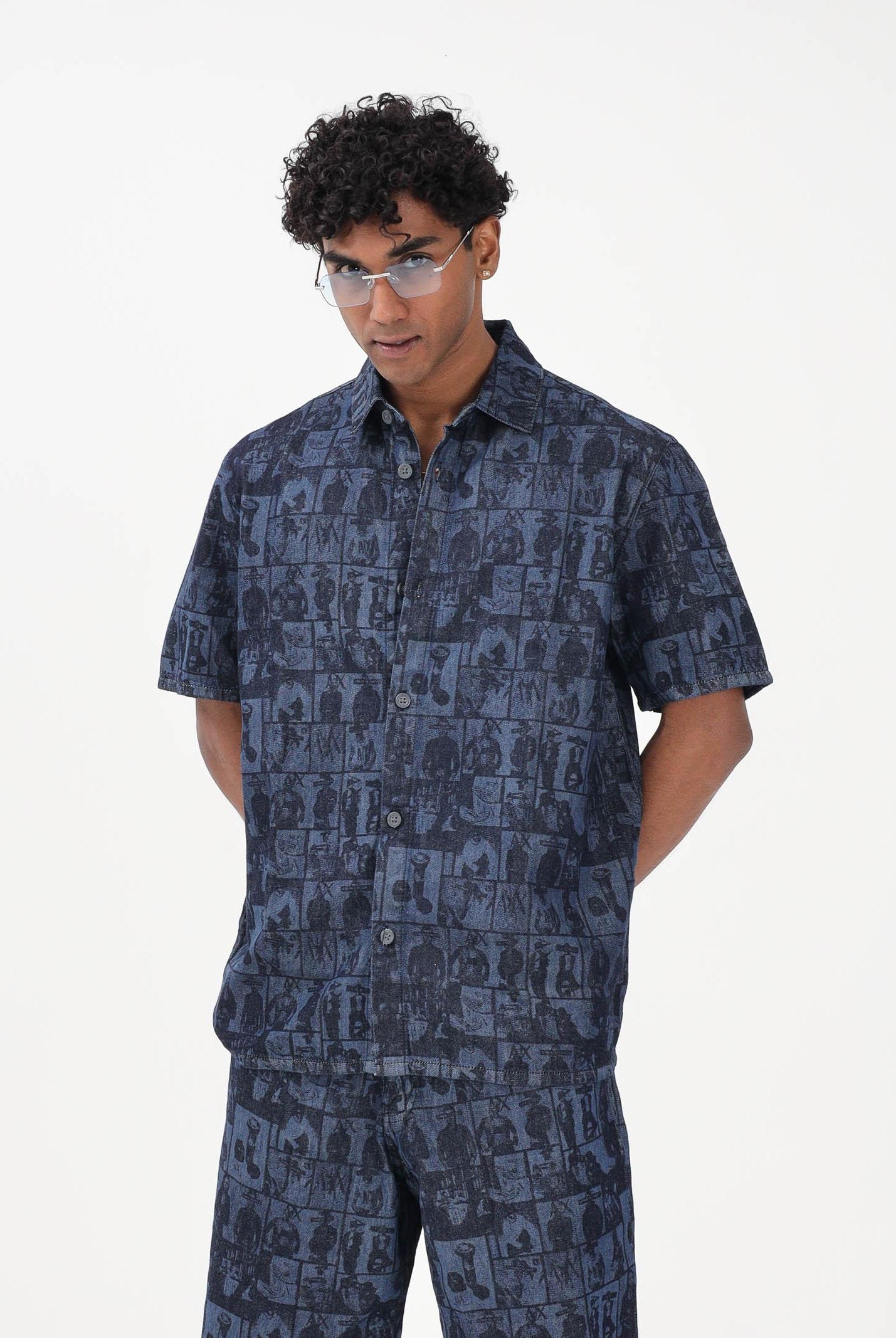 ARMANI EXCHANGE Camicia a manica corta in denim blu da uomo con stampa XM002809AF24509 FB416 ARMANI EXCHANGE