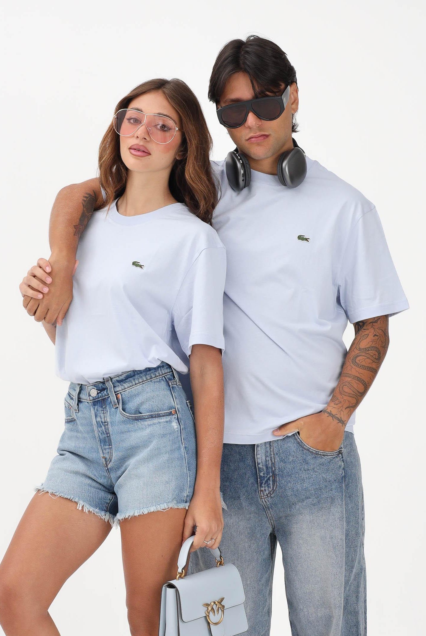 LACOSTE T-shirt a manica corta celeste per uomo e donna con patch coccodrillo TH7318 J2G LACOSTE