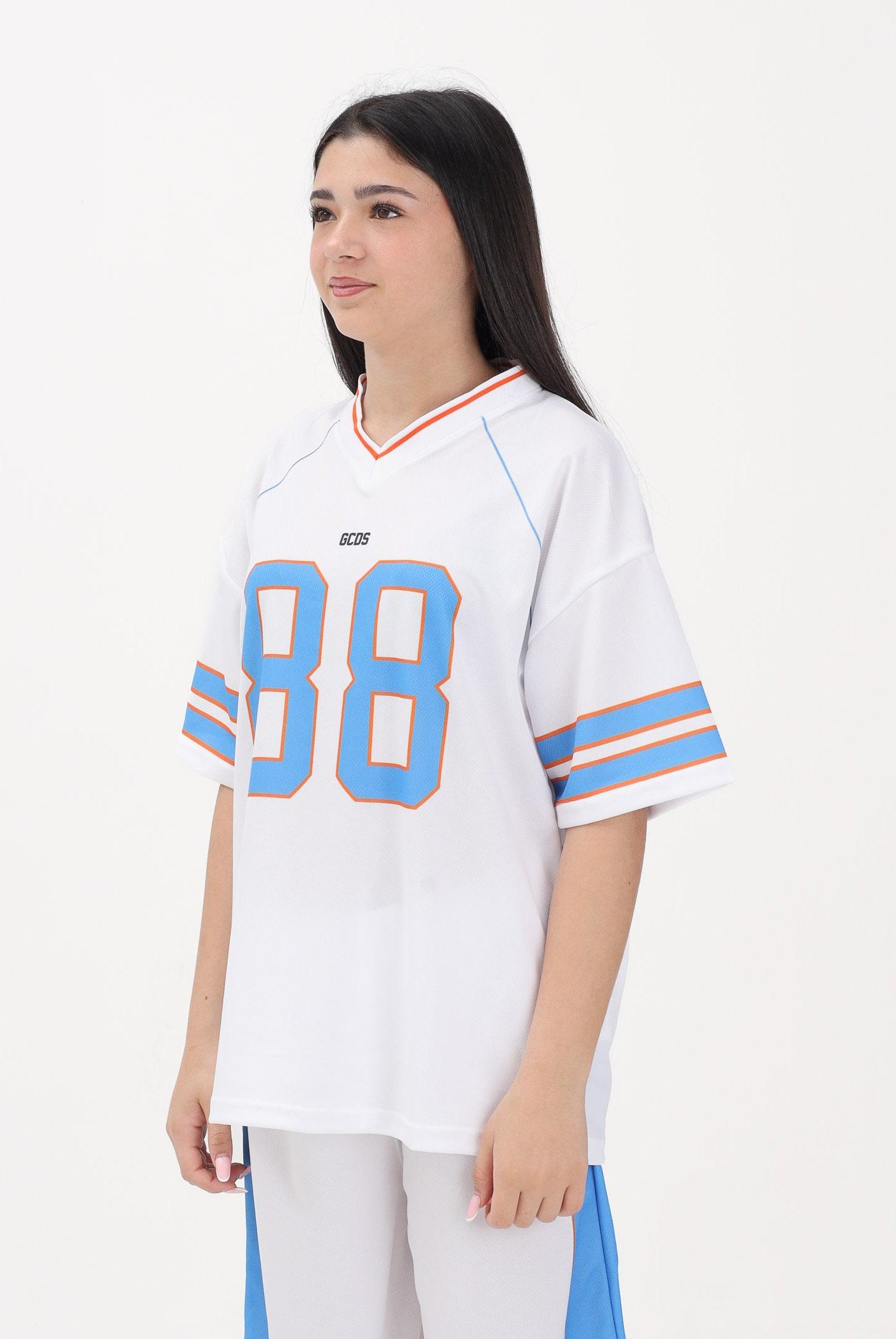 GCDS T-shirt a manica corta bianca per donna, ragazzi e bambini stile college C1BJQC709J338 100E GCDS
