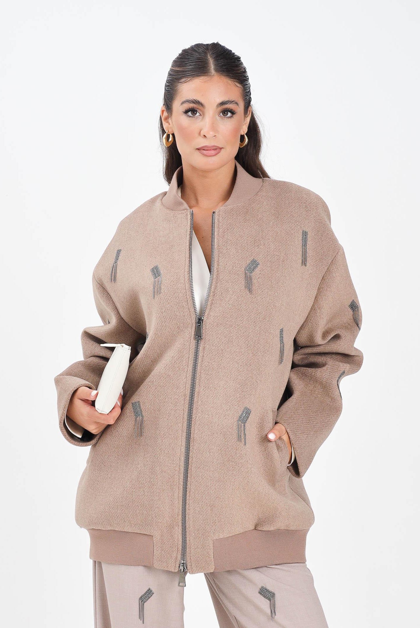 SIMONA CORSELLINI Cappottino beige da donna con dettagli gioiello A25CPCB00101-C00214 V0754 SIMONA CORSELLINI