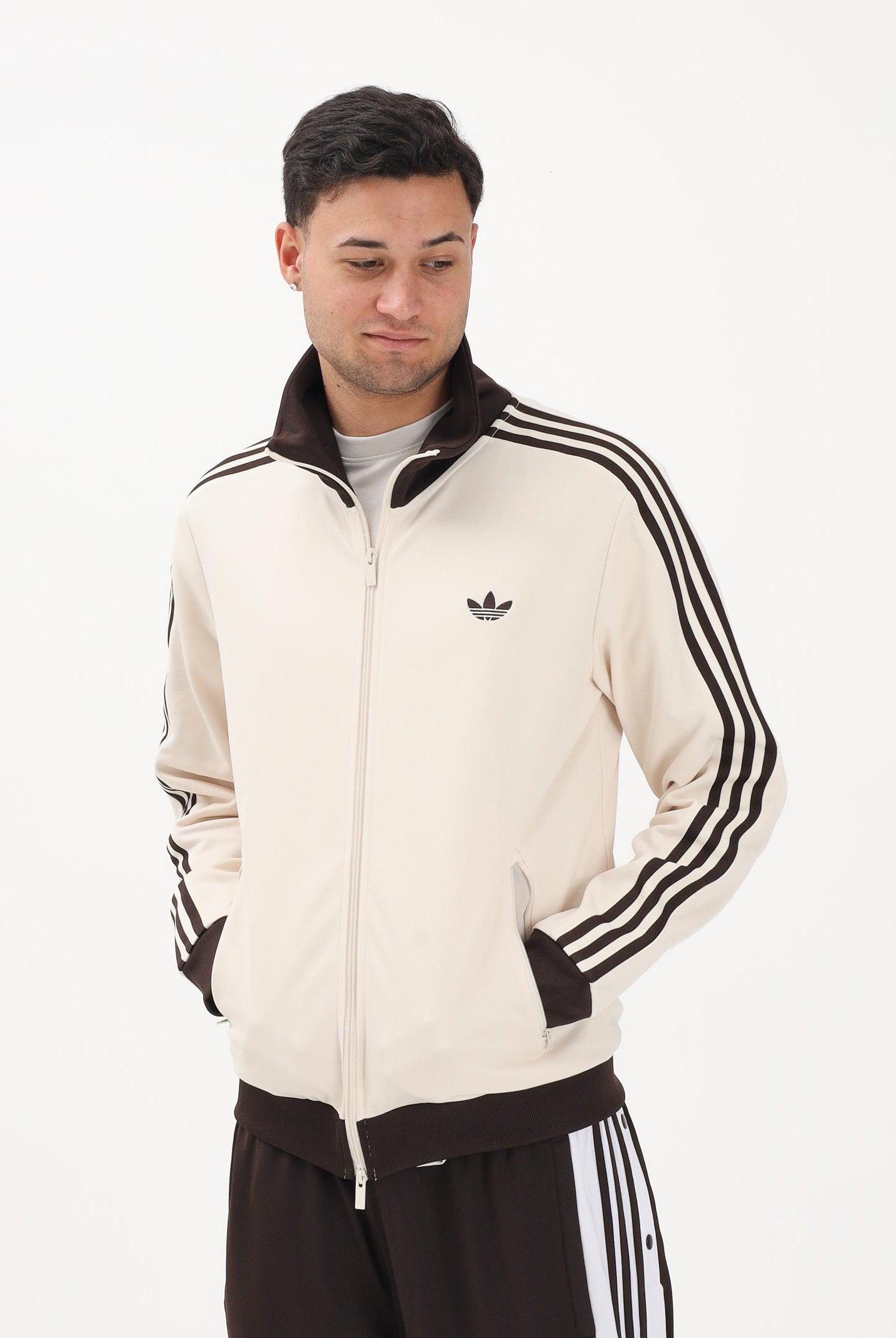 ADIDAS ORIGINALS Felpa con zip BECKENBAUER panna e marrone da uomo KQ9491 . ADIDAS ORIGINALS