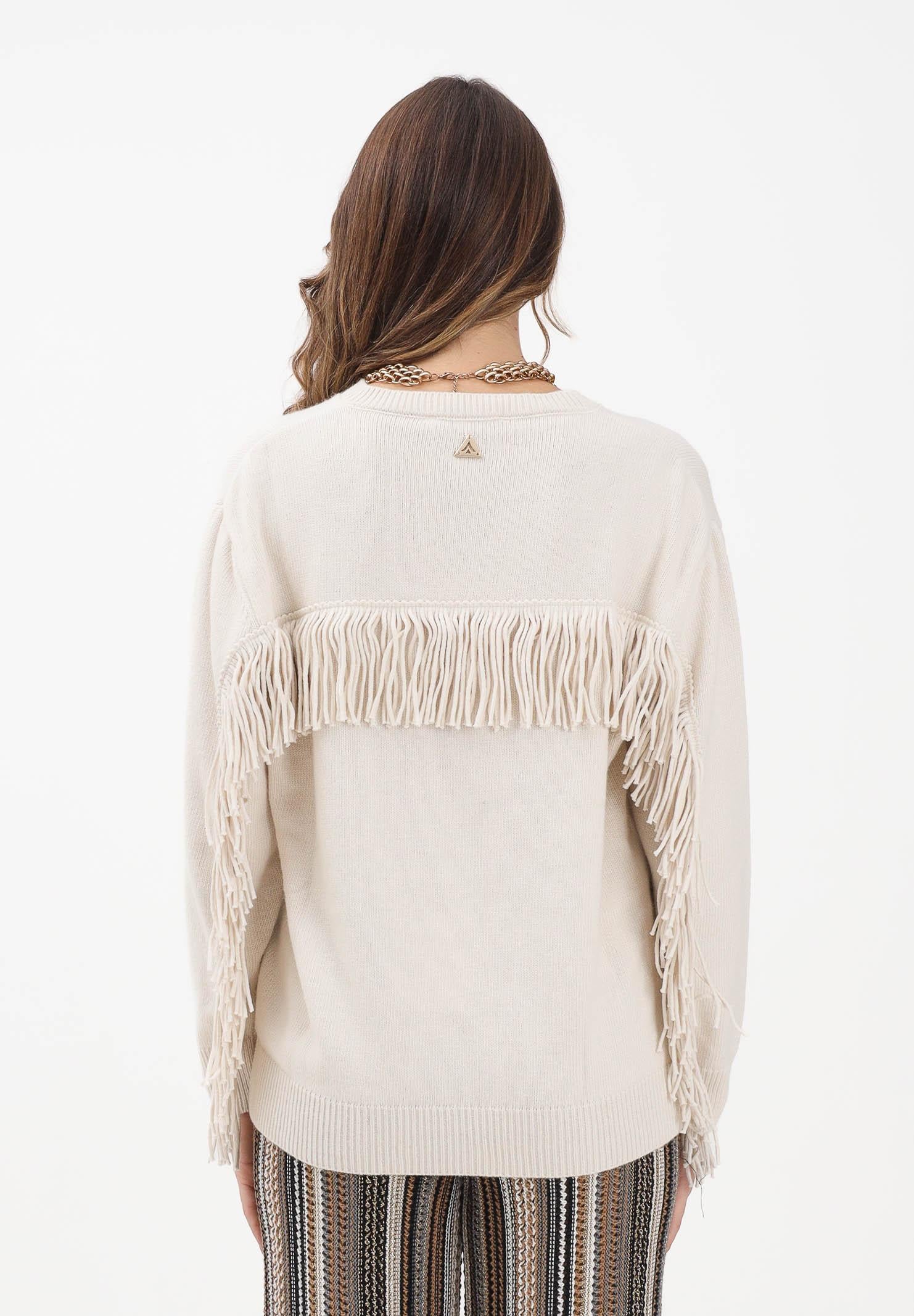 AKEP Maglioncino girocollo panna da donna in maglia rasata con frange MGKD11074 V1 AKEP