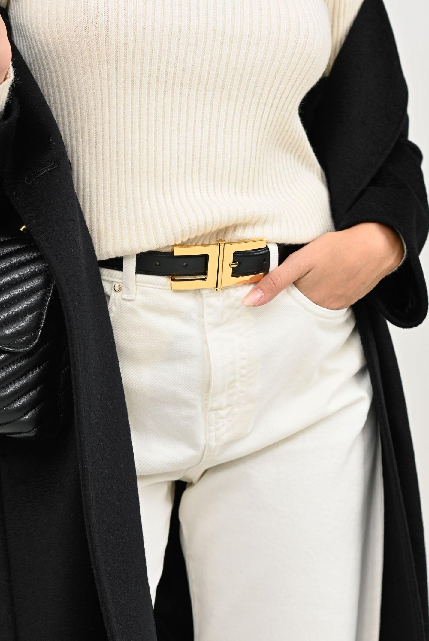 ELISABETTA FRANCHI Cintura a vita alta nera da donna con fibbia logo<BR/> CT57S57E2 110 ELISABETTA FRANCHI